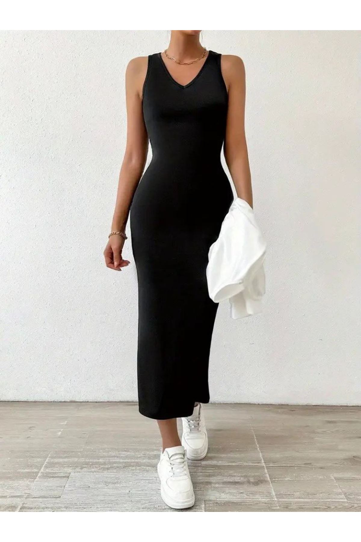 Kadın Askılı Yuvarlak Yaka Viskon Iki Iplik Elbise Ve V Yakalı Bluz Ikili Takım