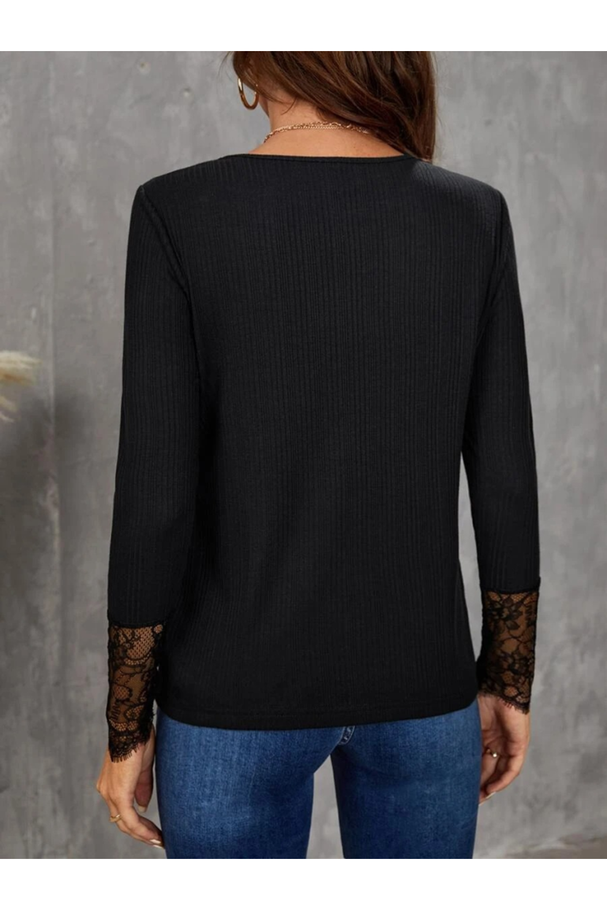 Kadın Uzun Kollu Bisiklet Yaka Dantel Detaylı Burgu Bluz