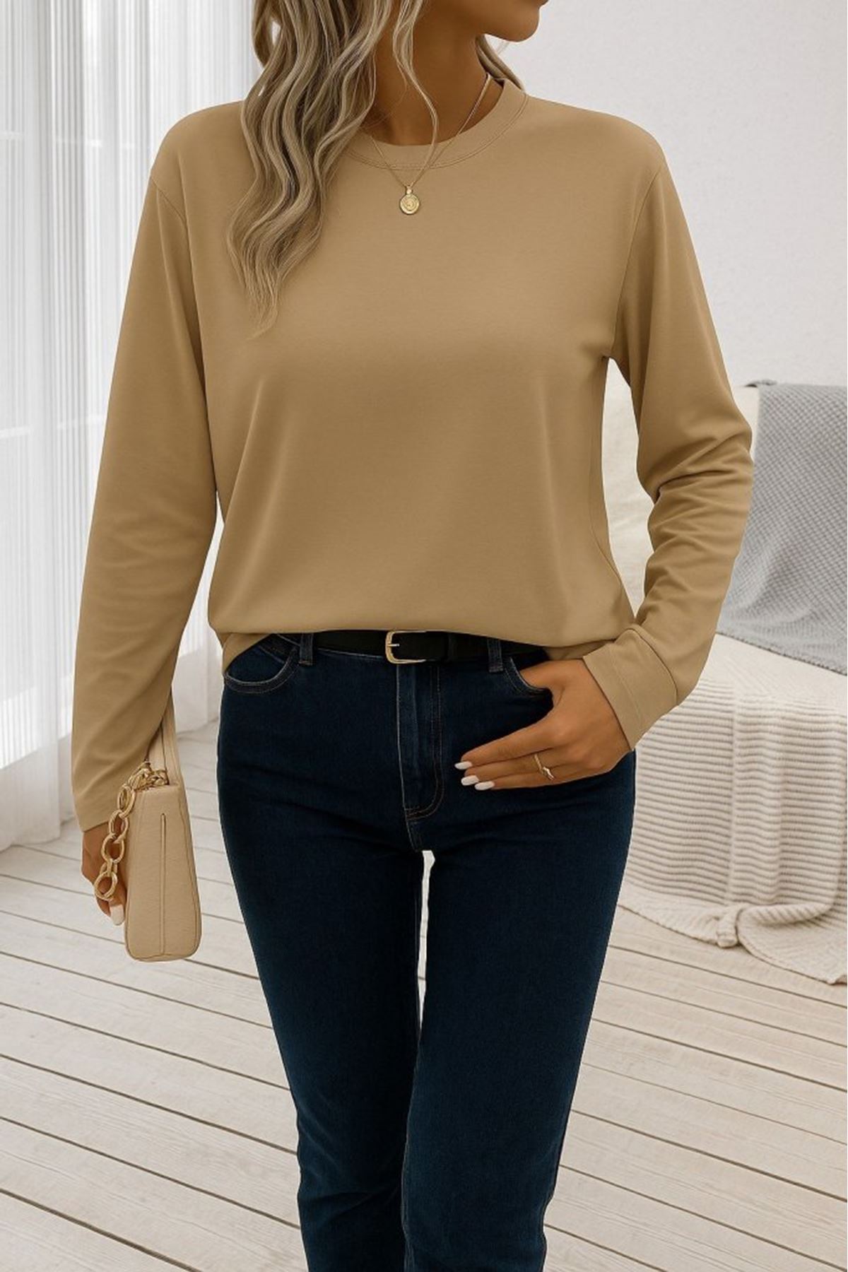 Kadın Uzun Kollu Bisiklet Yaka Viskon Bluz