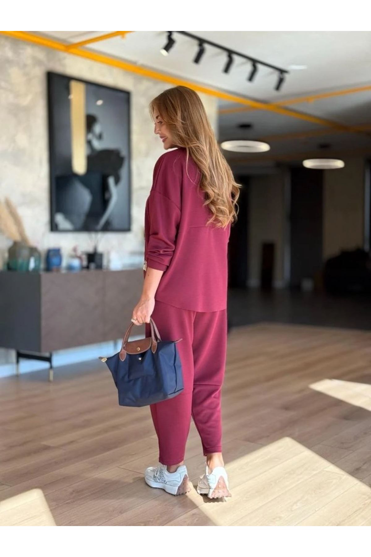 Kadın Uzun Kollu Bisiklet Yaka Viskon Iki Iplik Bluz Ve Pantolon Ikili Takım