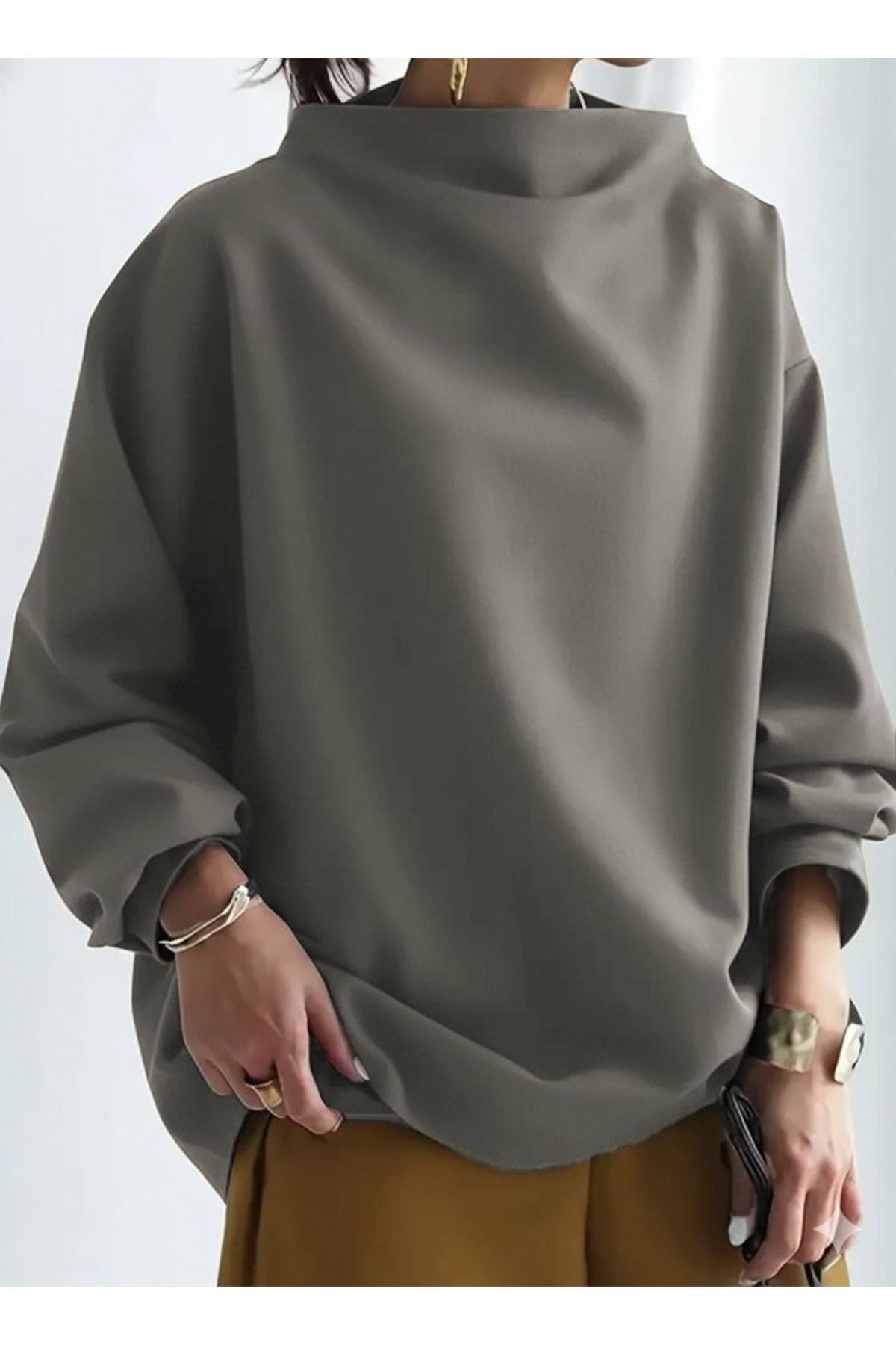 Kadın Uzun Kollu Geniş Balıkçı Yaka Modal Bluz