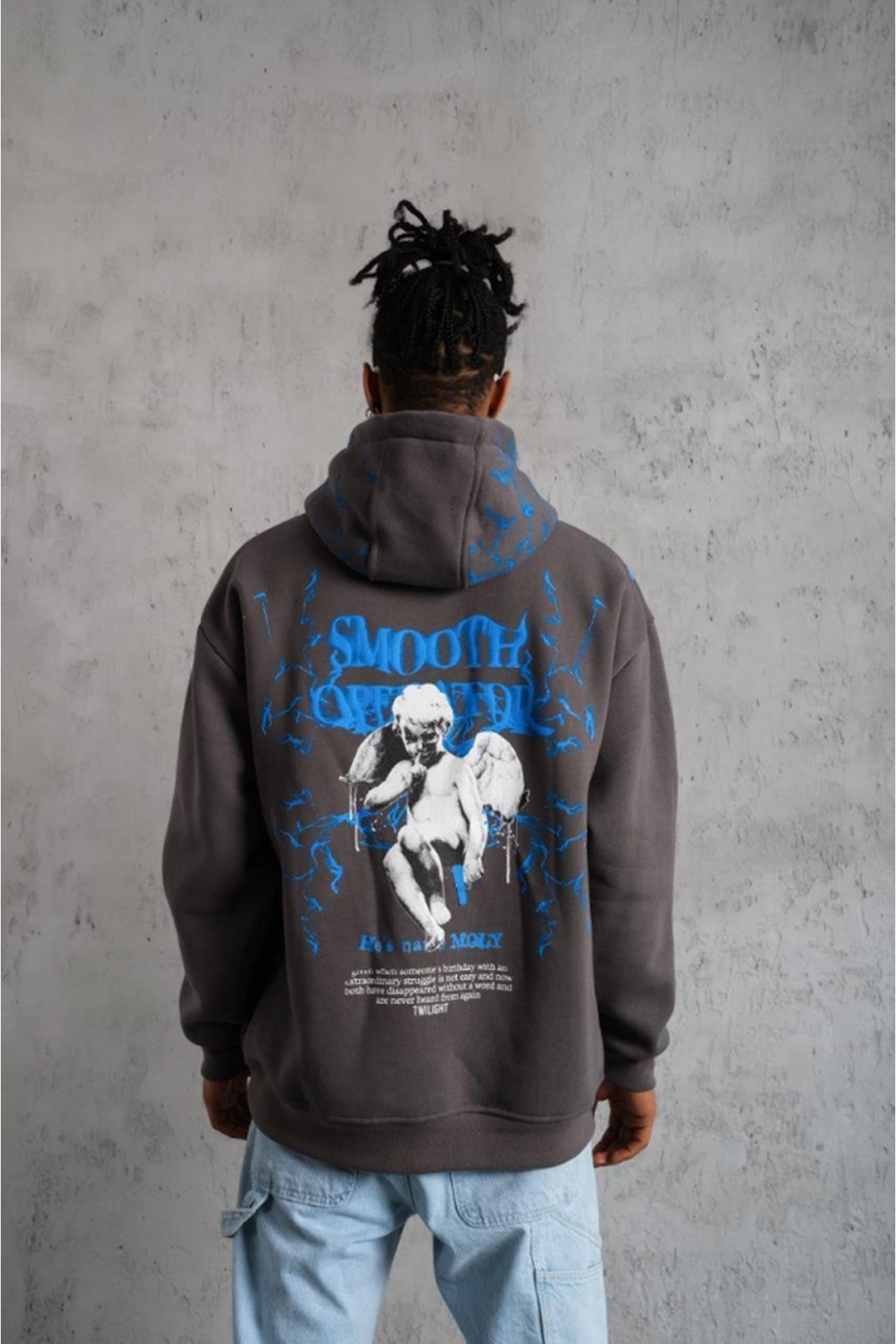 Erkek Yıldırım Baskılı Kapşonlu Sweatshirt - Gri