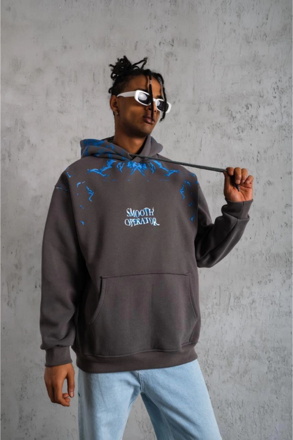 Erkek Yıldırım Baskılı Kapşonlu Sweatshirt - Gri