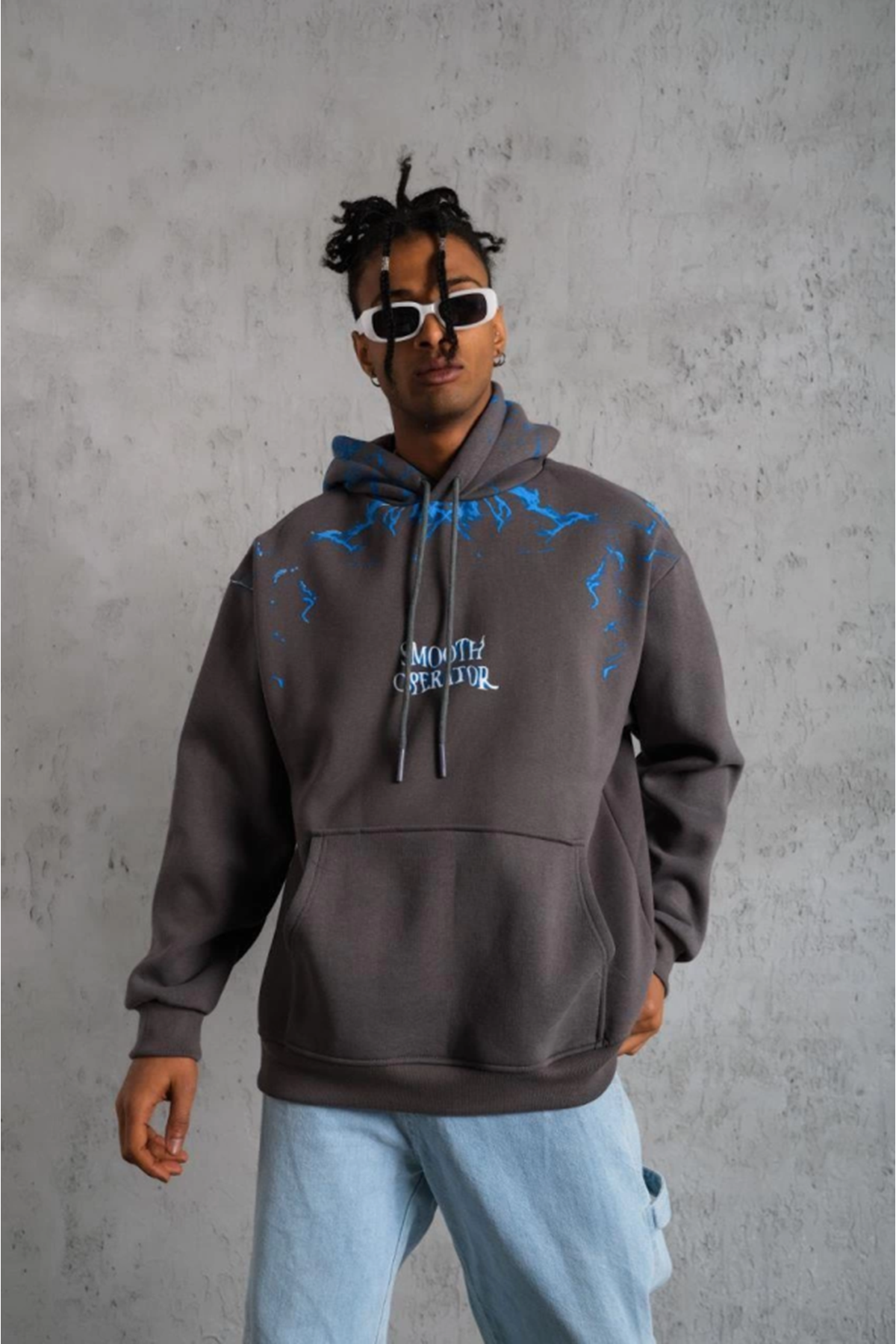 Erkek Yıldırım Baskılı Kapşonlu Sweatshirt - Gri