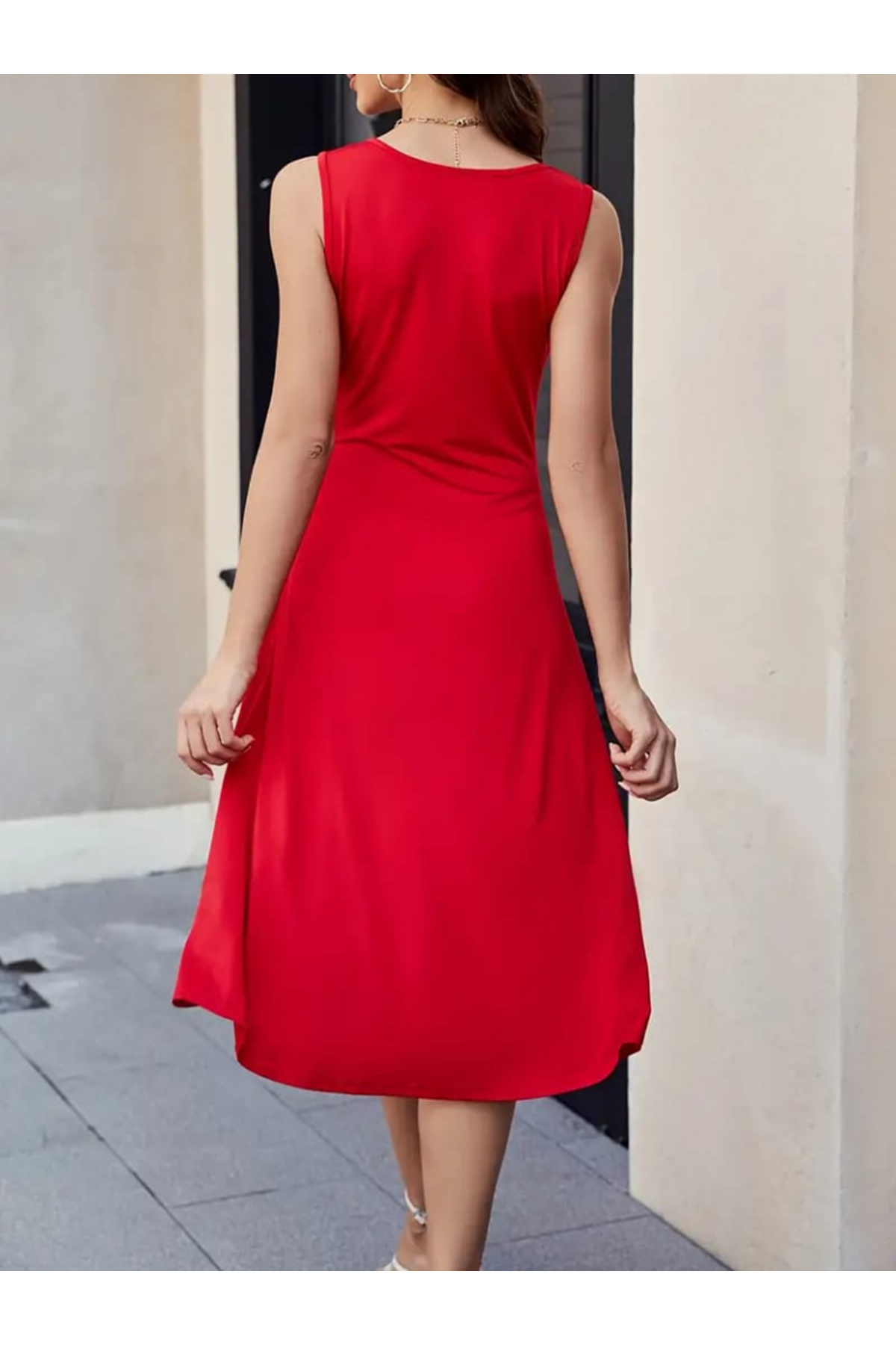 Kadın Sıfır Kol Bisiklet Yaka Bel Büzgü Detay Viskon Elbise