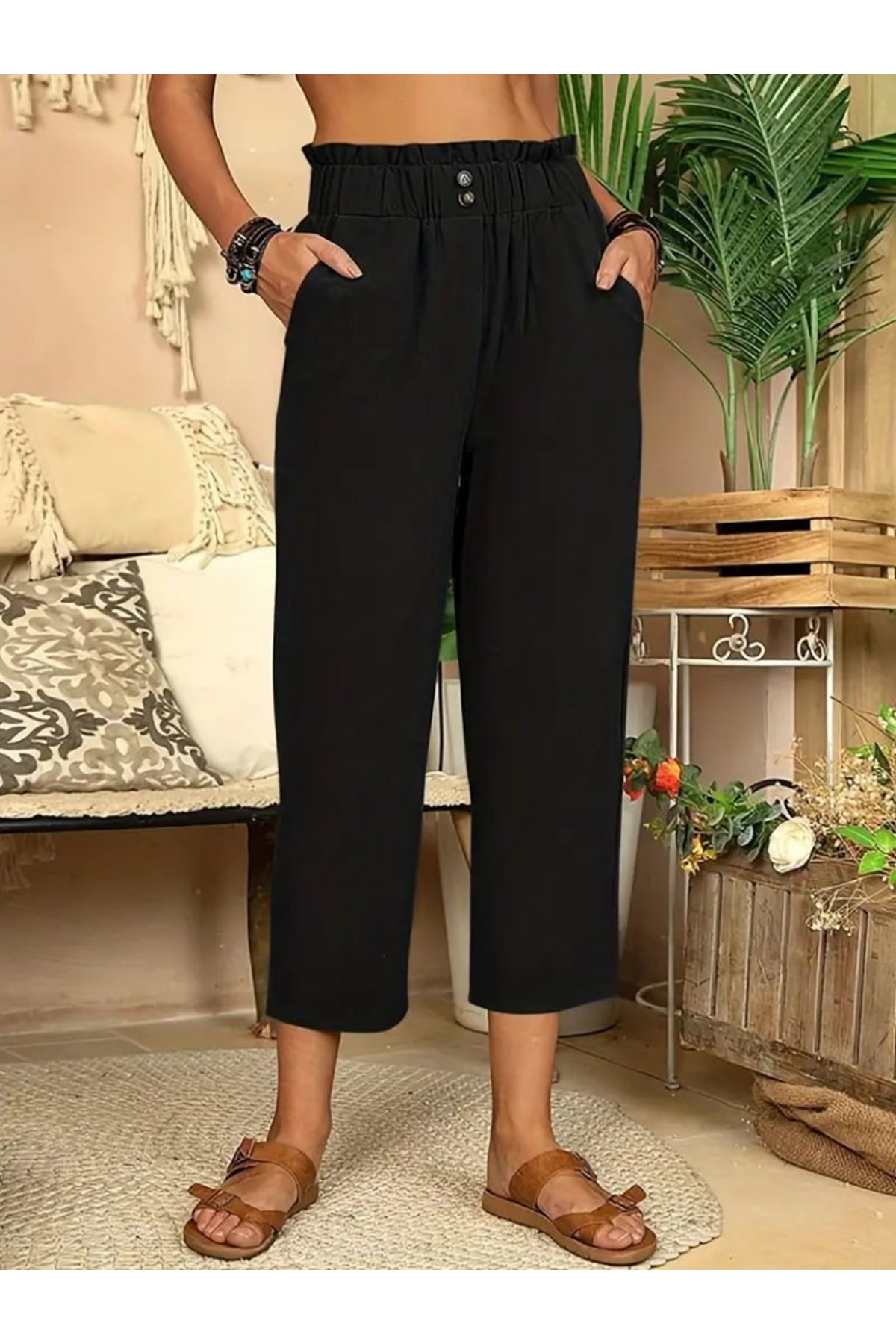 Kadın Bel Büzgü Ve Düğme Detay Kapri Keten Pantolon