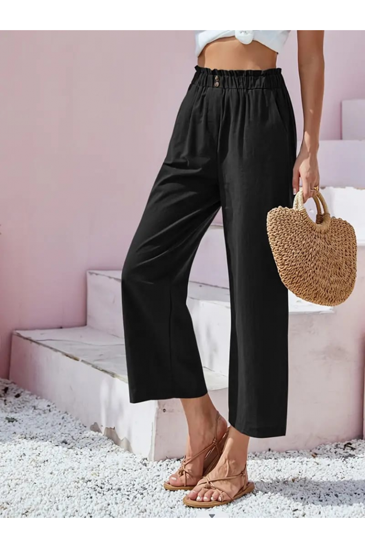 Kadın Bel Büzgü Ve Düğme Detay Kapri Keten Pantolon