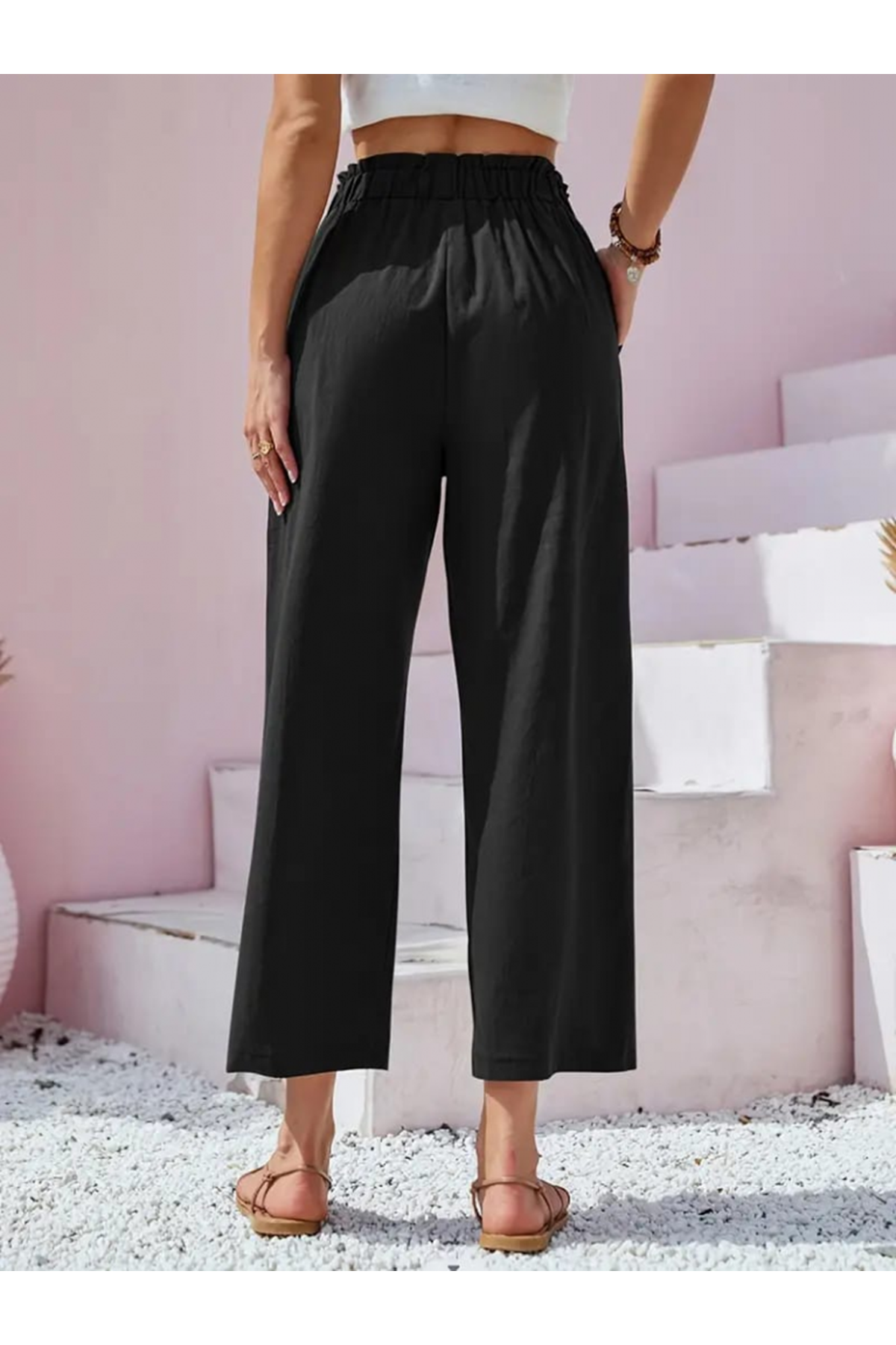 Kadın Bel Büzgü Ve Düğme Detay Kapri Keten Pantolon