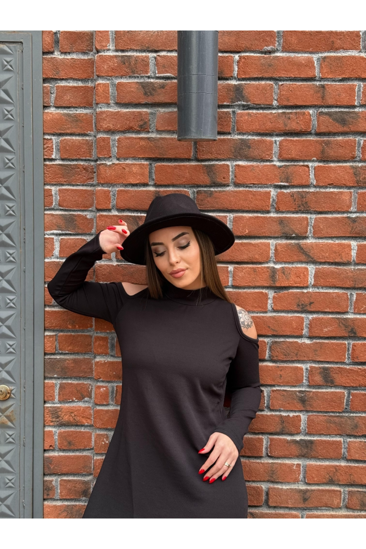 Kadın Balıkçı Yaka Omuzlardan Açık Uzun Kollu Janjan Krep Elbise