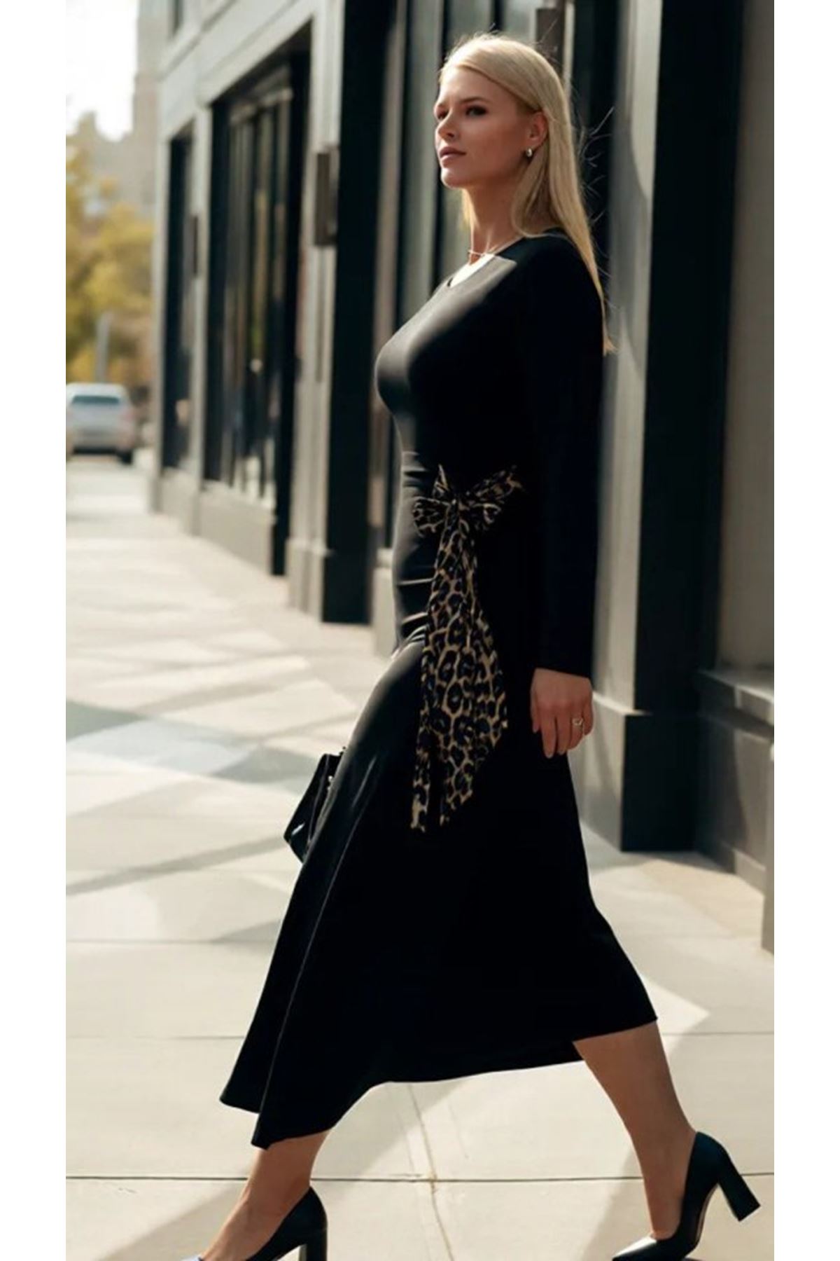 Kadın Bisiklet Yaka Leopar Fiyonk Detay Maxi Boy Elbise