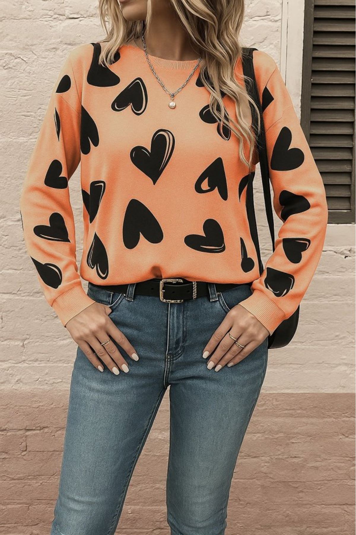 Kadın Uzun Kollu Bisiklet Yaka Kalp Desenli Iki Iplik Bluz