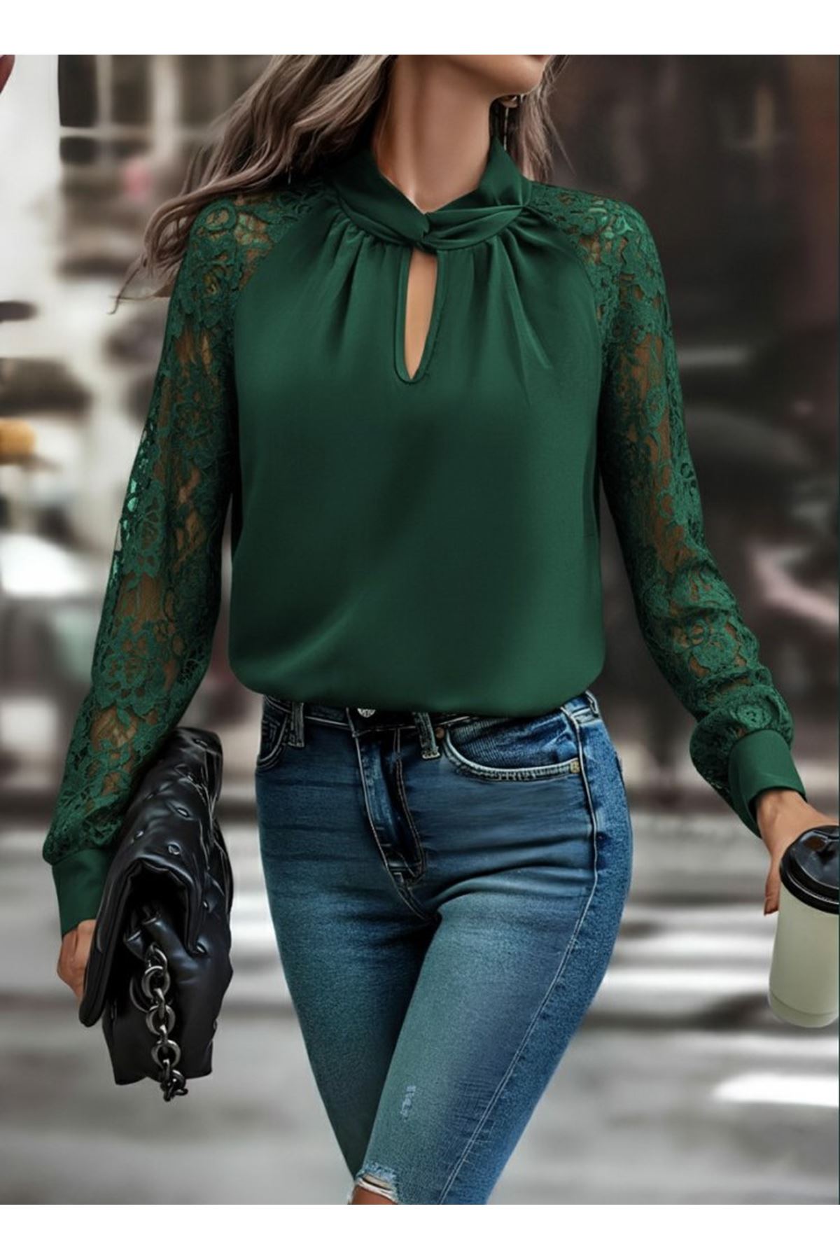 Kadın Uzun Kollu Yaka Düğme Detay Güpürlü Kol Krep Bluz