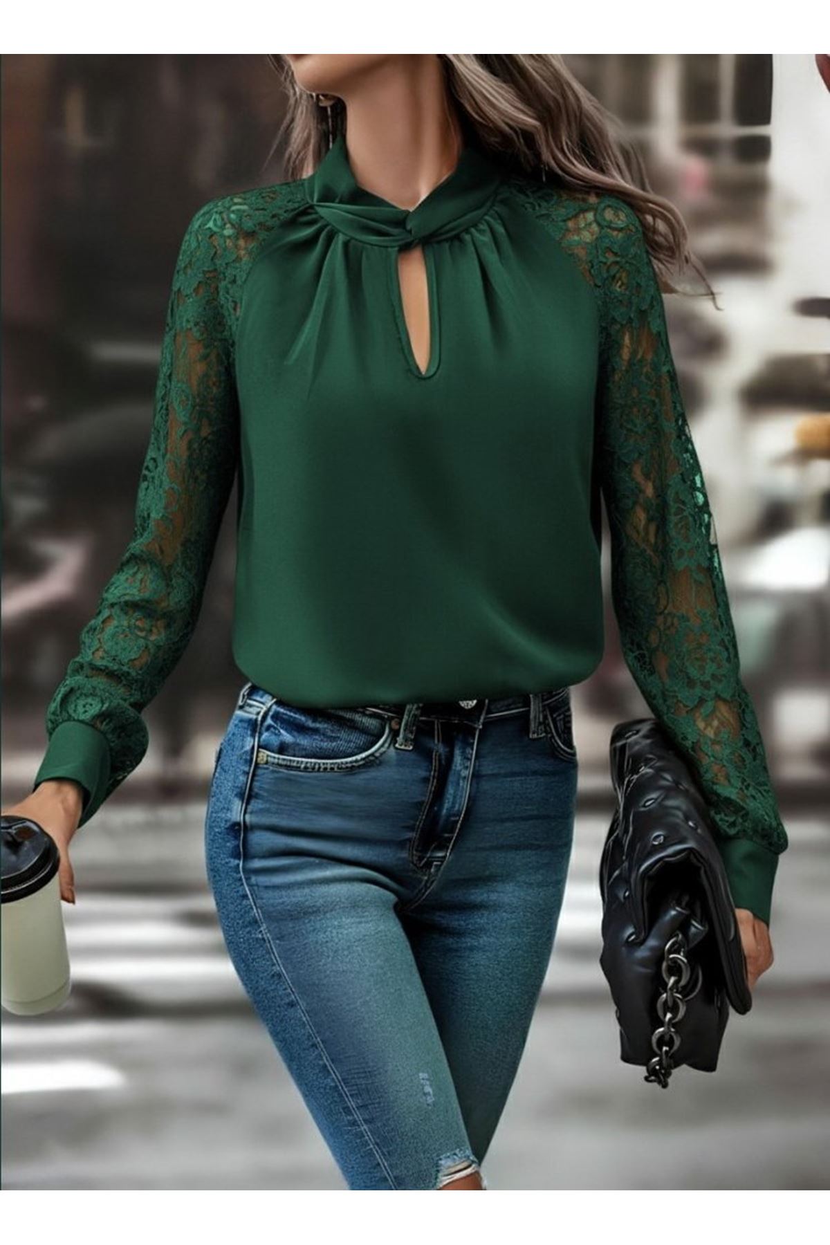 Kadın Uzun Kollu Yaka Düğme Detay Güpürlü Kol Krep Bluz