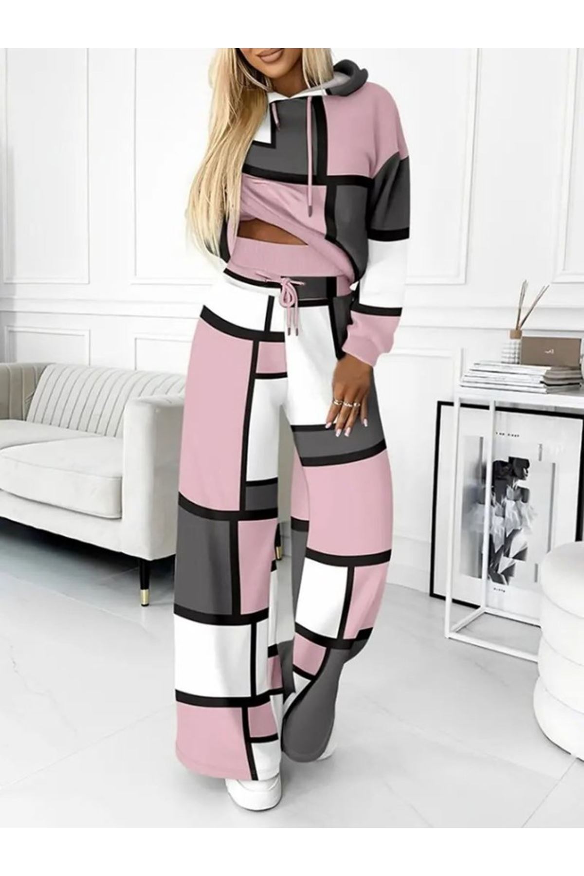 Kadın Uzun Kollu Kapşonlu Bağcıklı Desenli Iki Iplik Bluz Ve Pantolon Ikili Takım