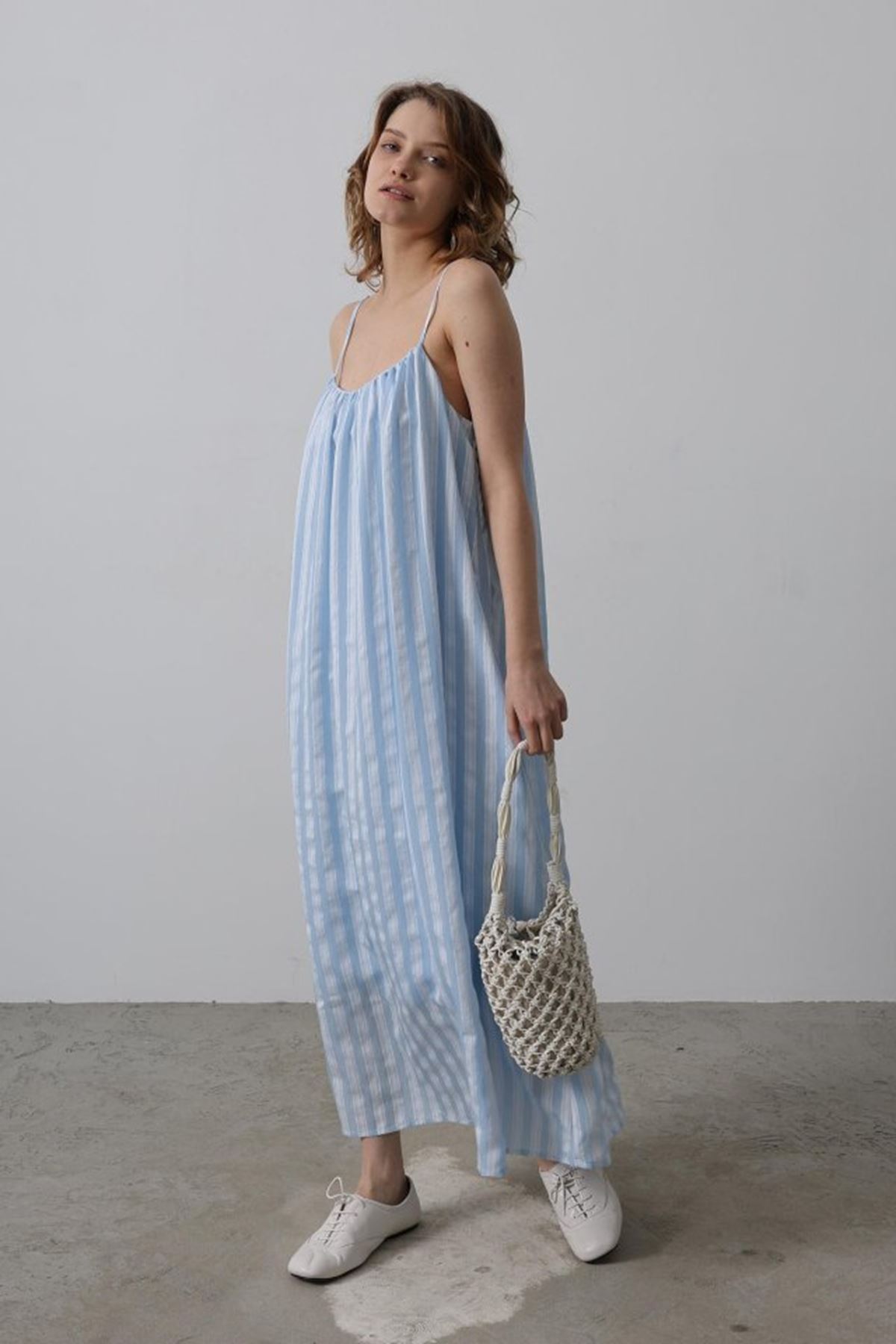 Askılı Çizgi Desen Elbise - Bebe Mavisi