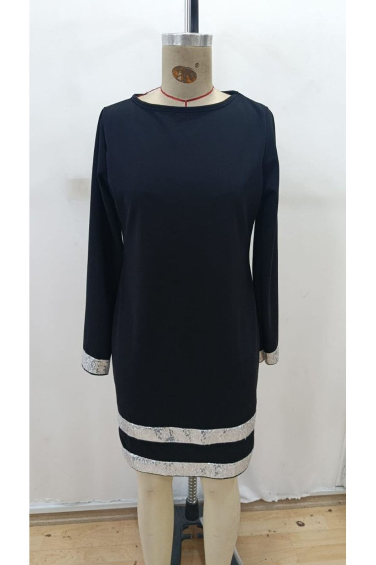 Kadın Uzun Kollu Bisiklet Yaka Mini Ithal Krep Elbise