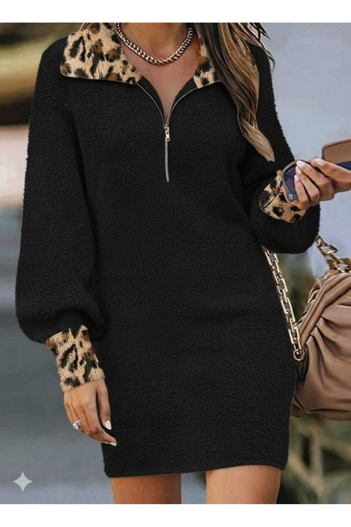 Kadın Uzun Kollu Yakalı önden Fermuarlı Leopar Detaylı Mini Peluş Elbise
