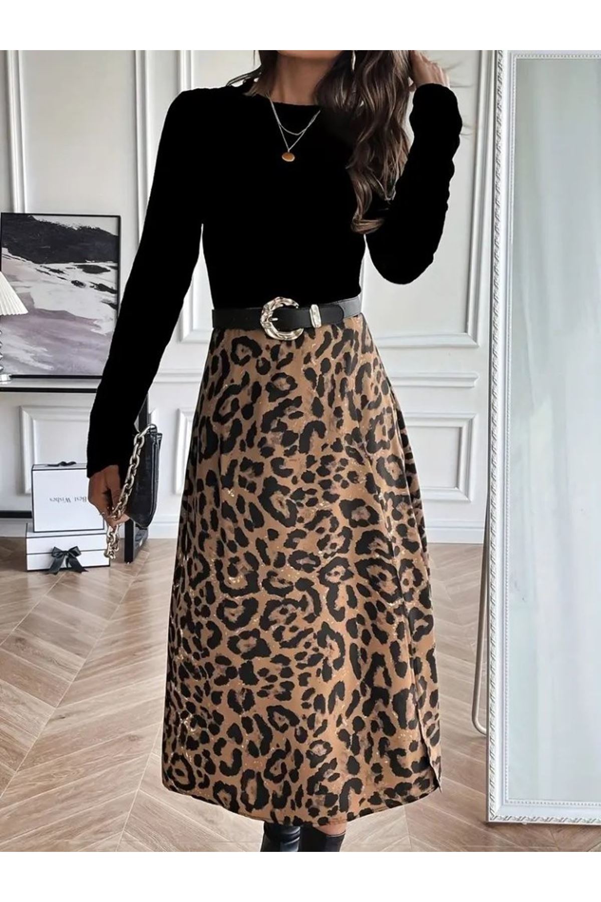 Kadın Uzun Kollu Bisiklet Yaka Ithal Krep Bluz Alt Desenli Modal Midi Elbise