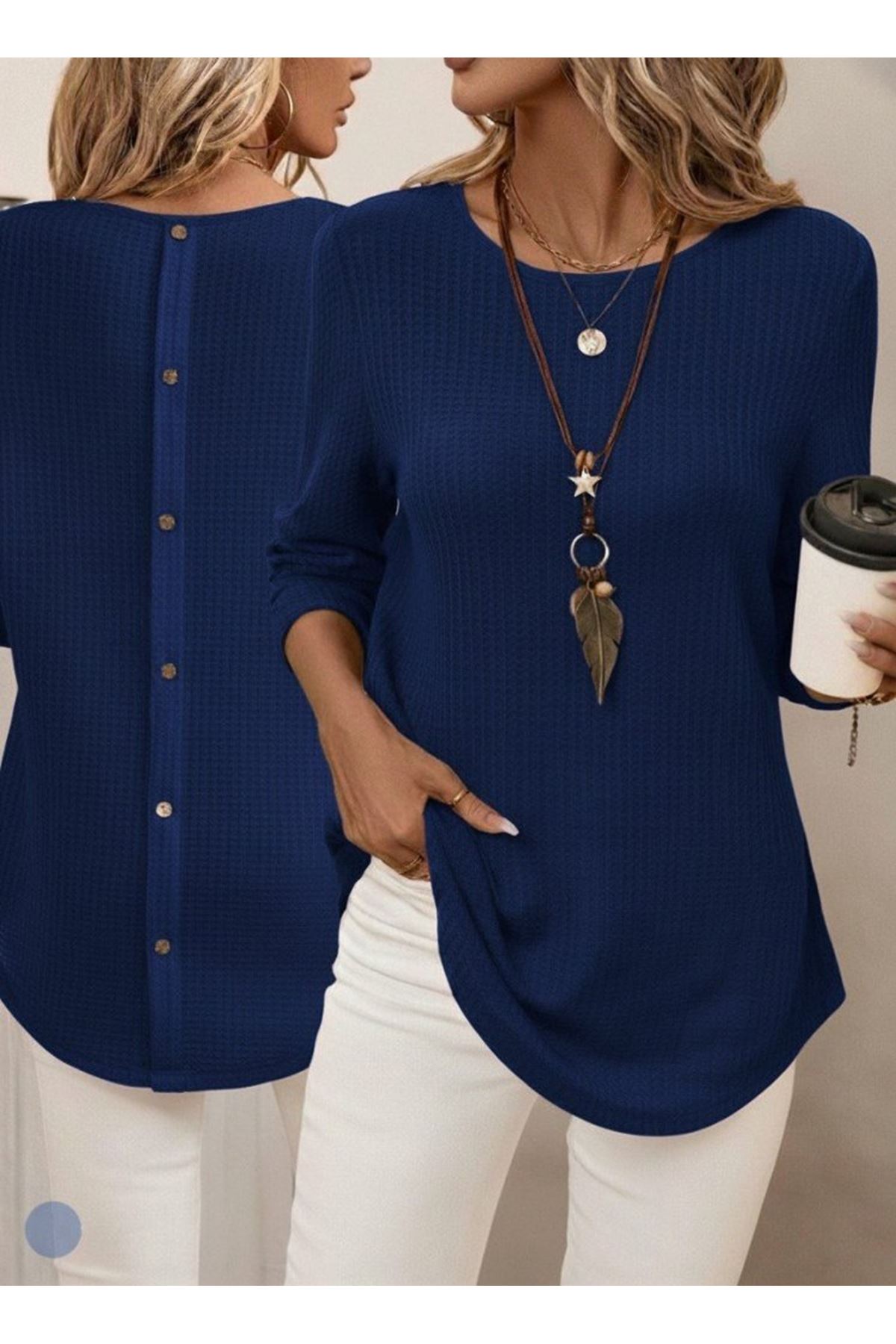 Kadın Uzun Kollu Yuvarlak Yaka Arkadan Düğmeli Waffle Bluz
