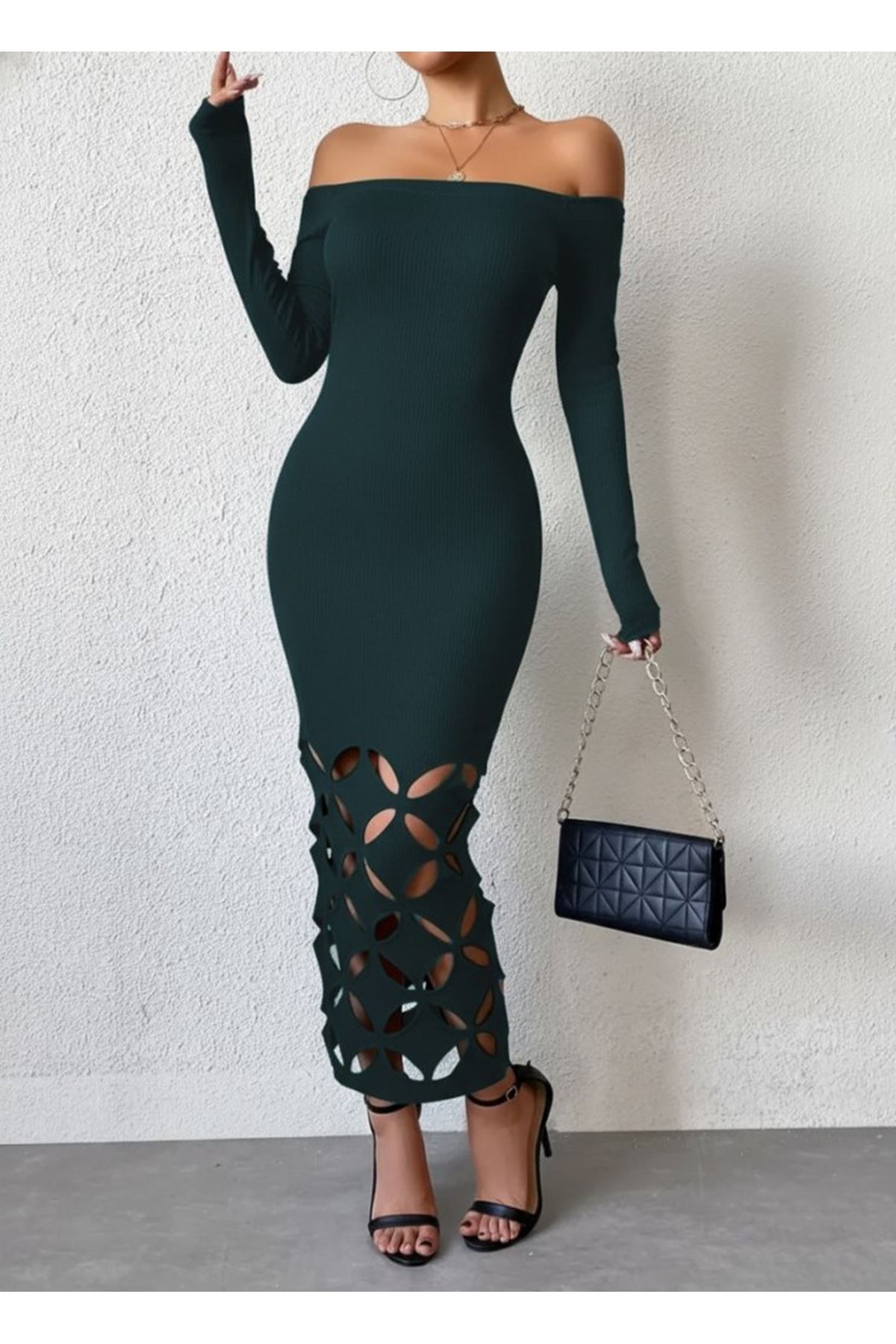 Kadın Madonna Yaka Uzun Kollu Lazer çiçek Kesim Detaylı Uzun Ithal Krep Elbise