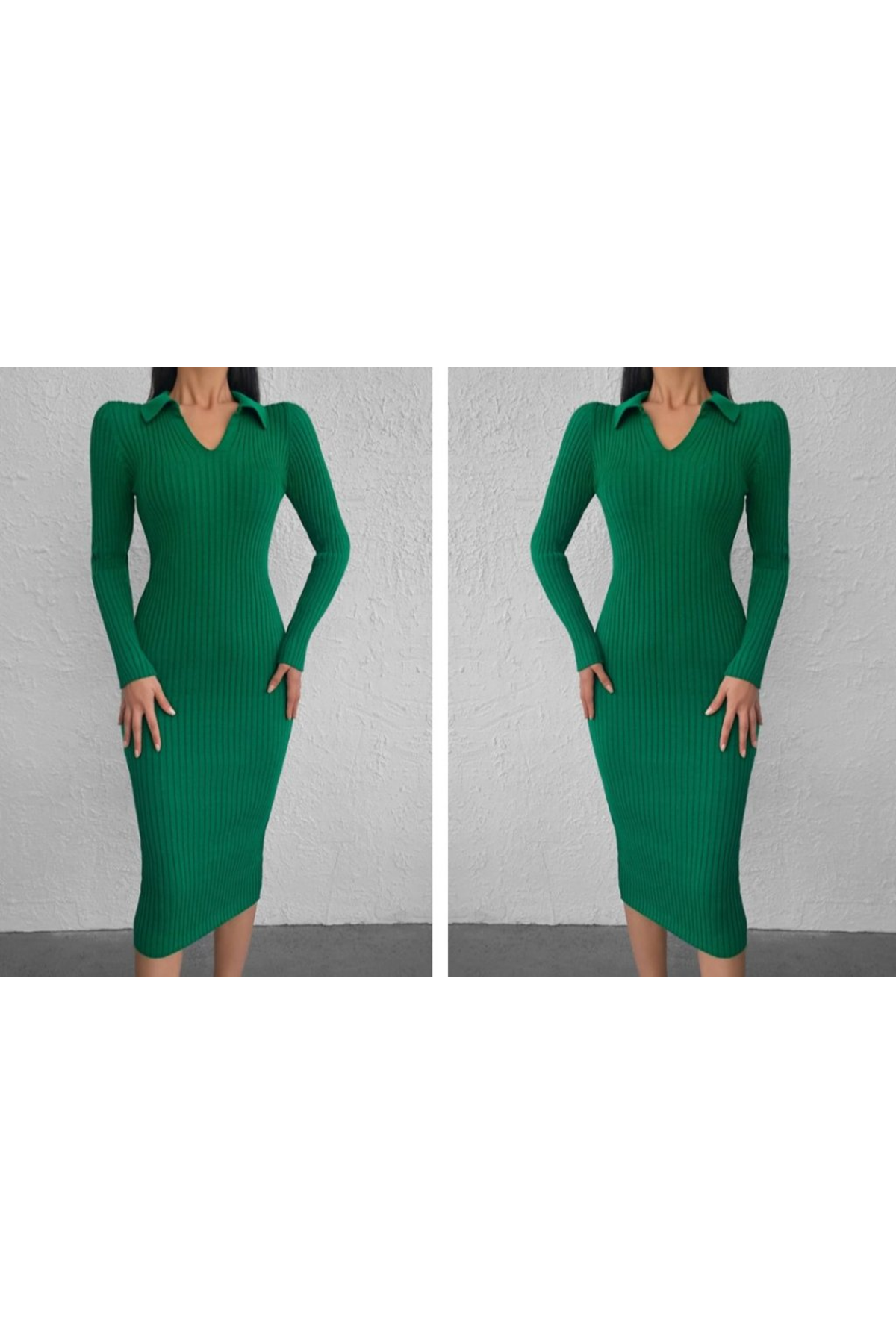 Kadın Uzun Kollu Yakalı Triko Elbise