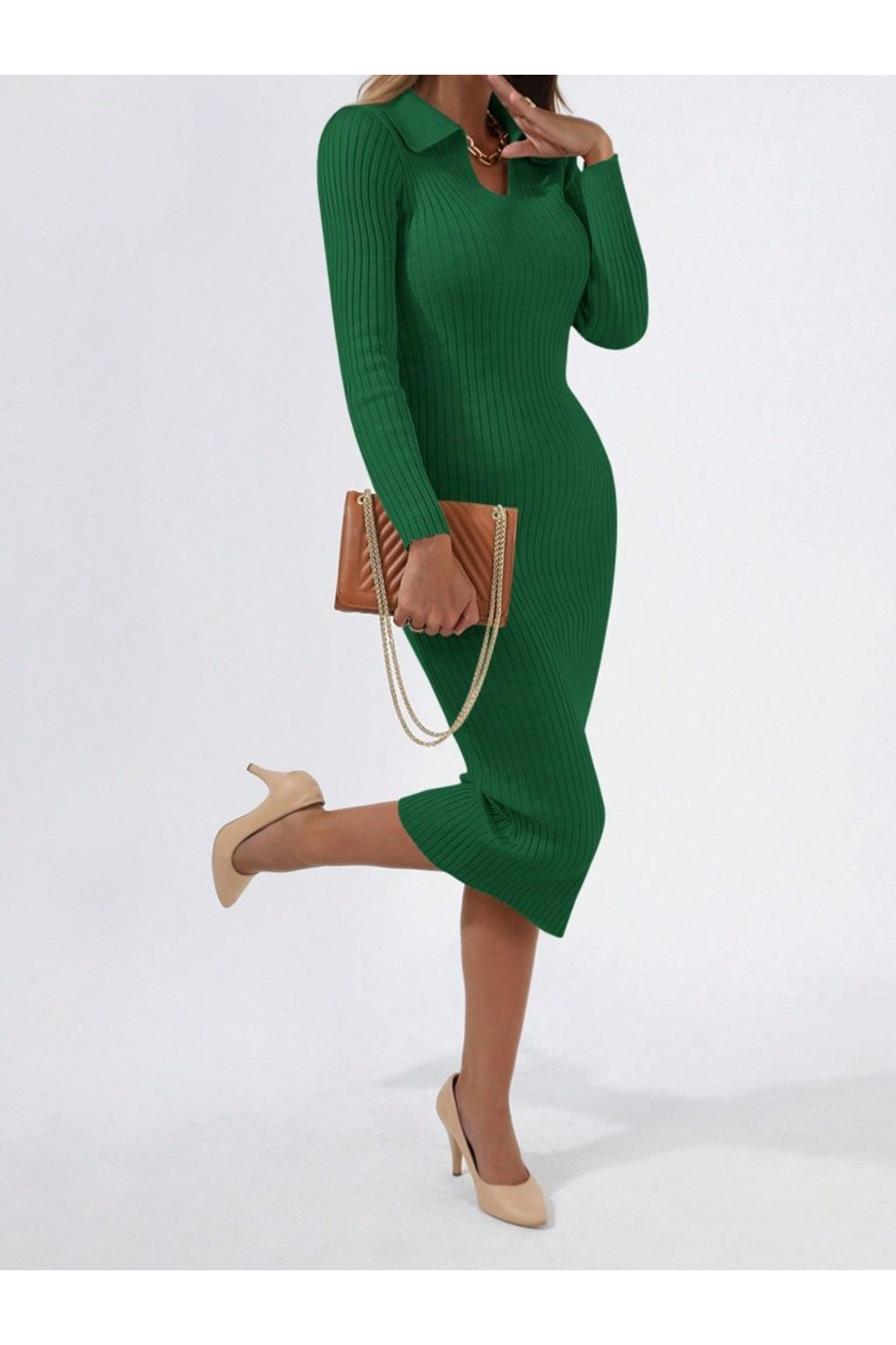 Kadın Uzun Kollu Yakalı Triko Elbise