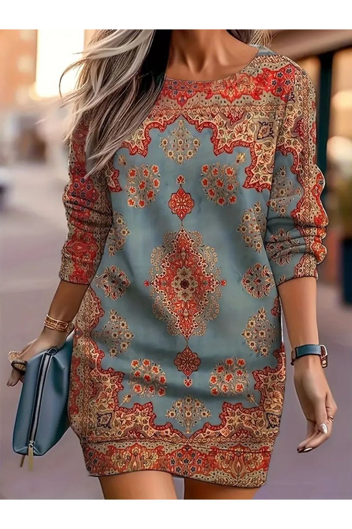 Kadın Uzun Kollu Yuvarlak Yaka Desenli Mini Modal Elbise