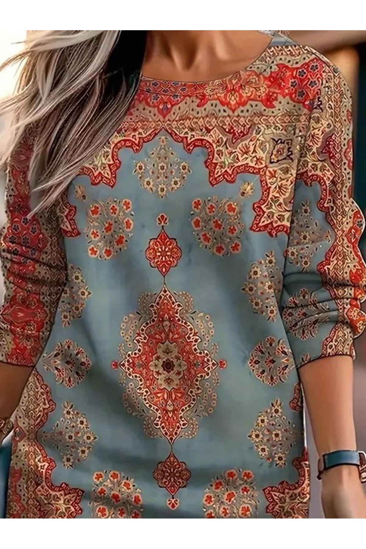 Kadın Uzun Kollu Yuvarlak Yaka Desenli Mini Modal Elbise