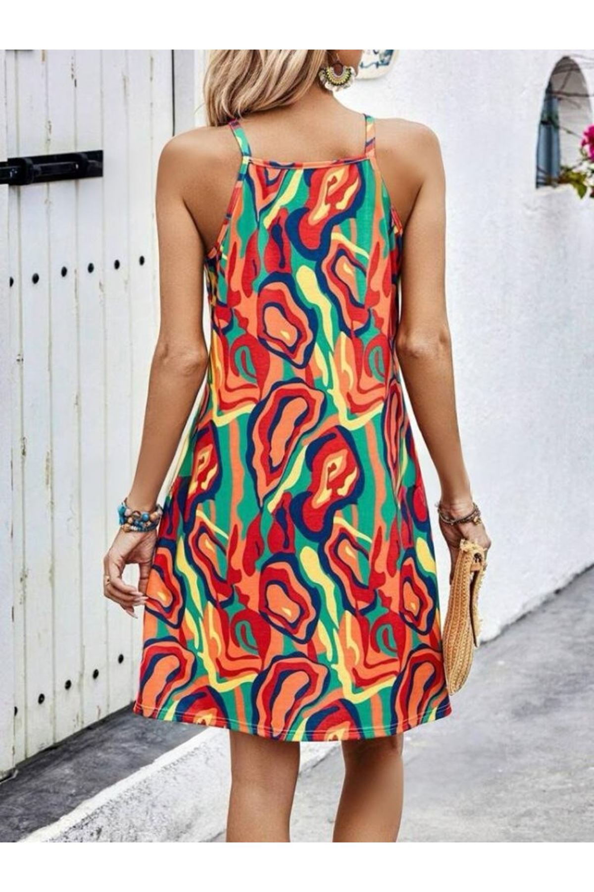 Kadın Kolsuz Yuvarlak Yaka önden çapraz şerit Detay çok Renkli Baskılı Süprem Kısa Elbise