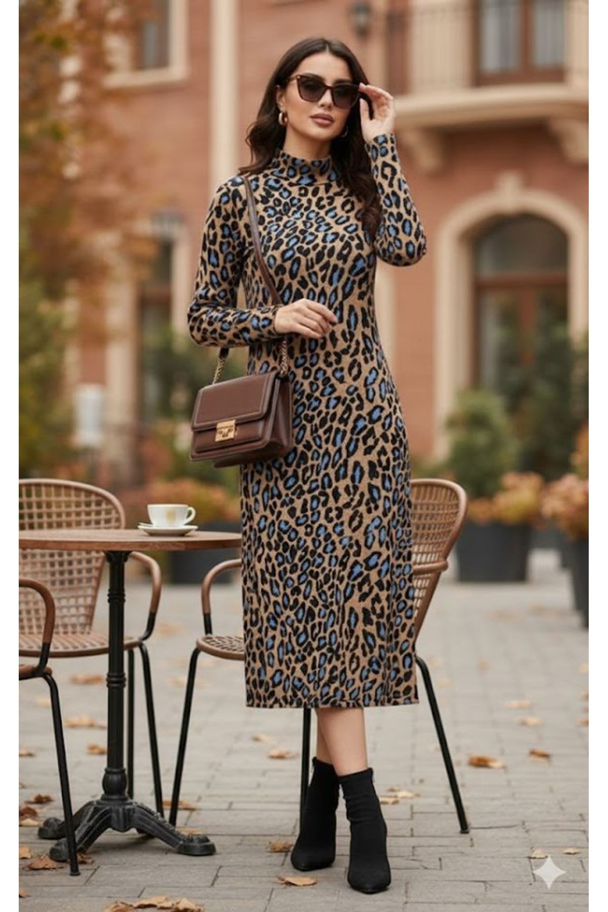 Kadın Uzun Kollu Balıkçı Yaka Leopar Desenli Midi Boy Elbise