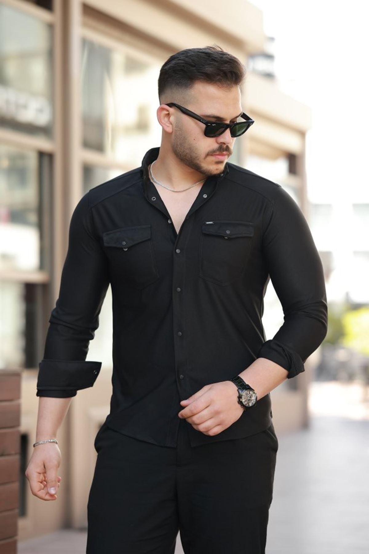 Erkek çift Cepli çıtçıt Düğmeli Uzun Kollu Gömlek