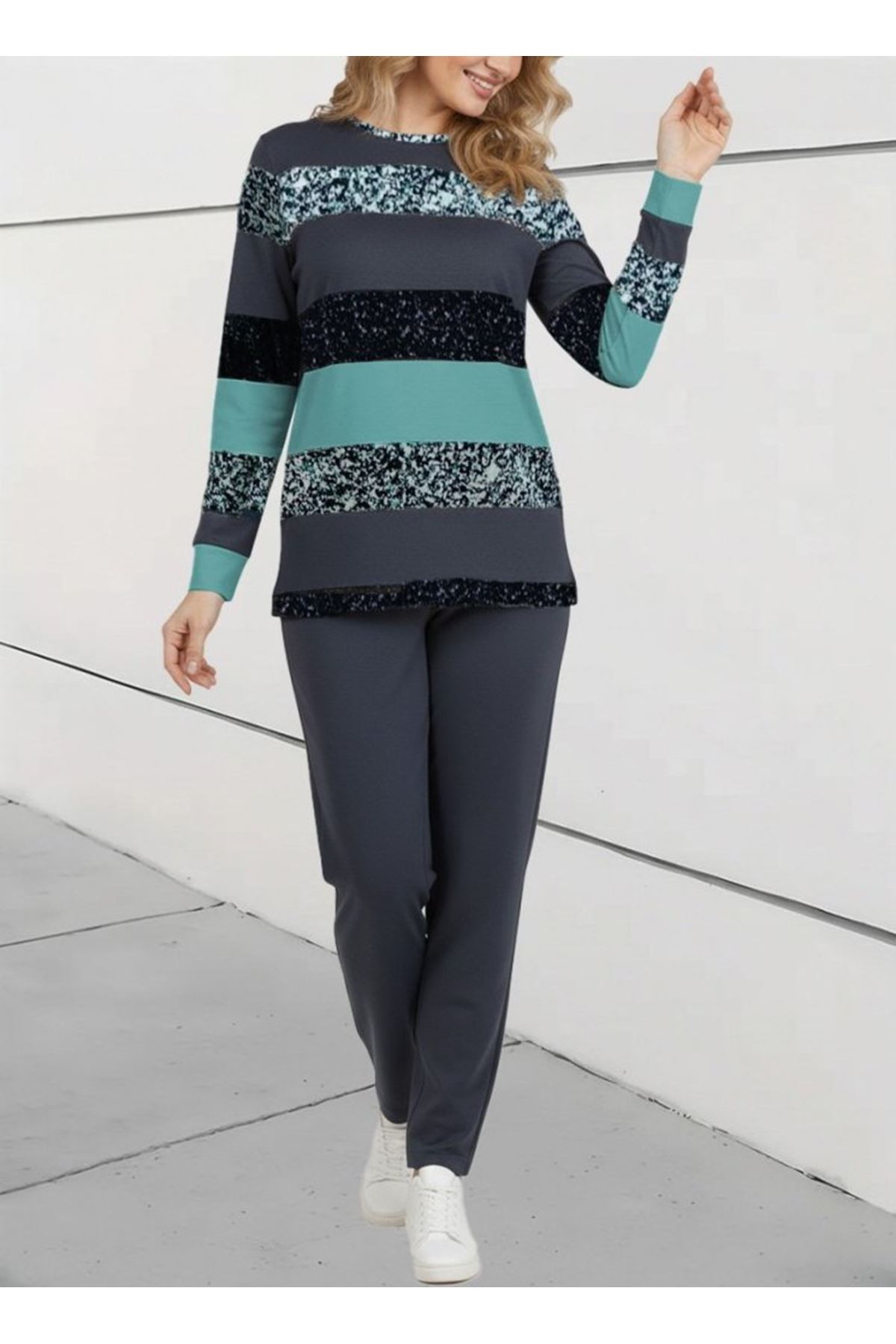 Kadın Uzun Kollu Bisiklet Yaka çizgili Desen Iki Iplik Bluz Ve Pantolon Ikili Takım