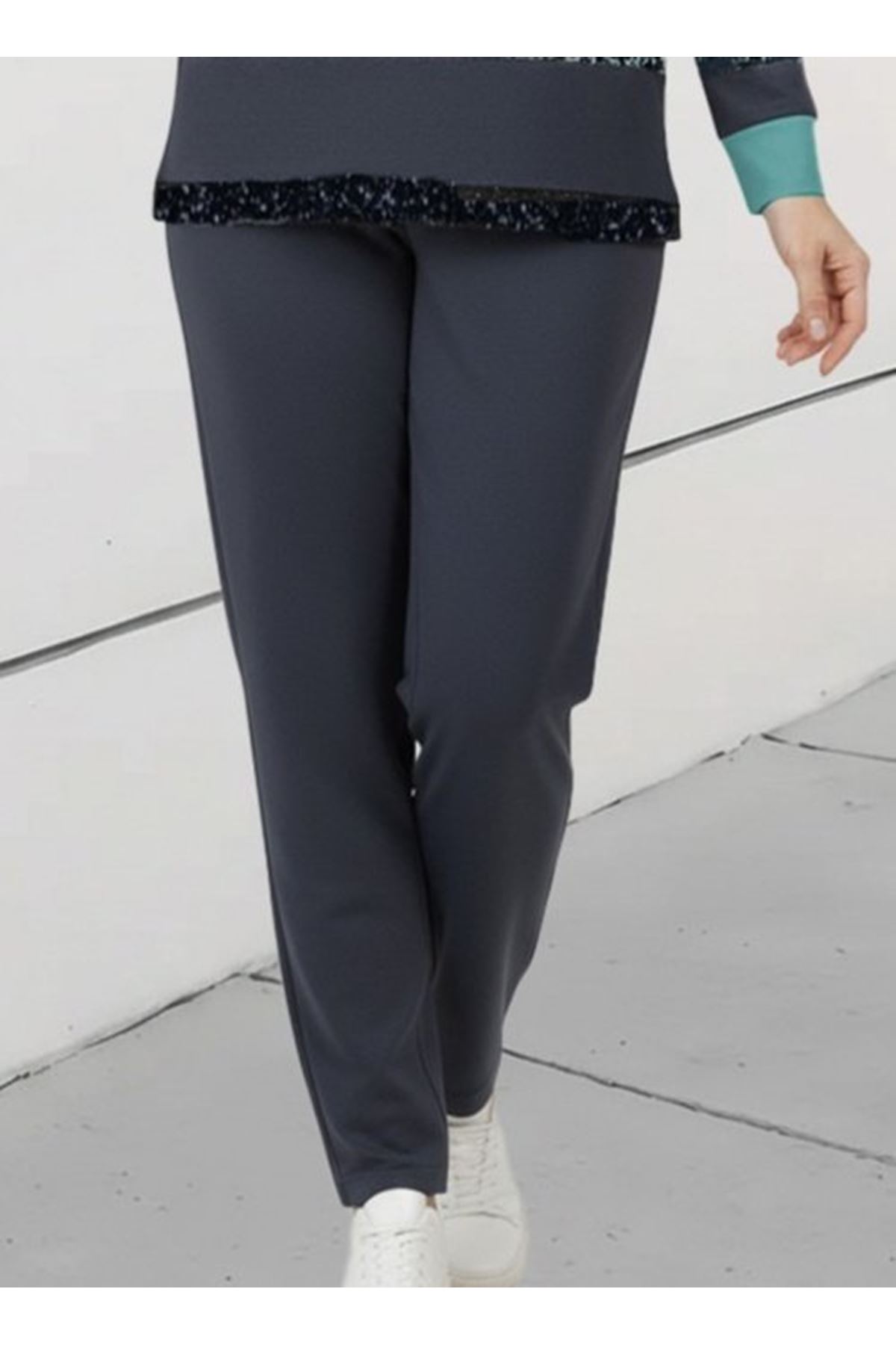 Kadın Uzun Kollu Bisiklet Yaka çizgili Desen Iki Iplik Bluz Ve Pantolon Ikili Takım