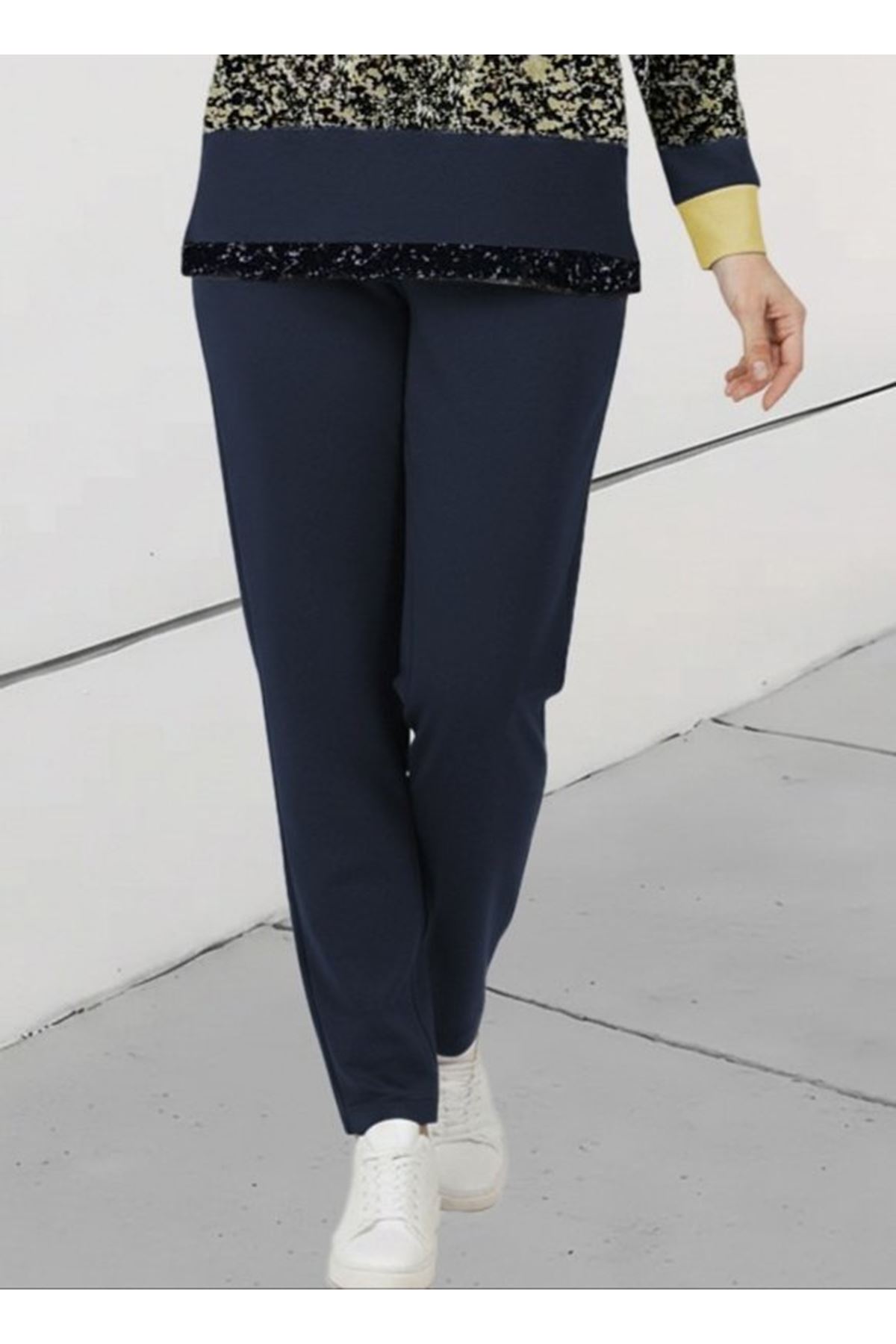 Kadın Uzun Kollu Bisiklet Yaka çizgili Desen Iki Iplik Bluz Ve Pantolon Ikili Takım