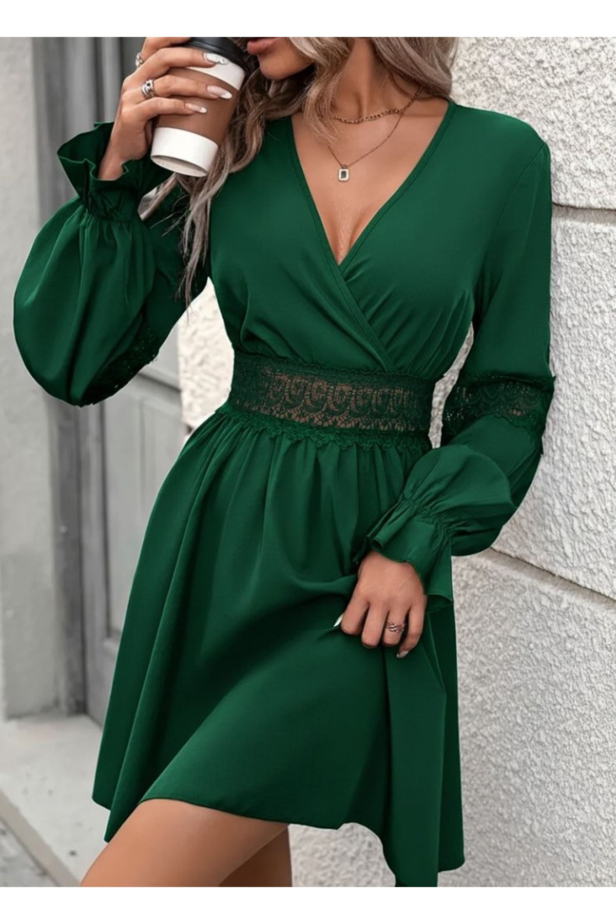 Kadın Uzun Kollu Kruvaze Yakalı Dantelli Fermuar Detaylı Mini Ithal Krep Elbise