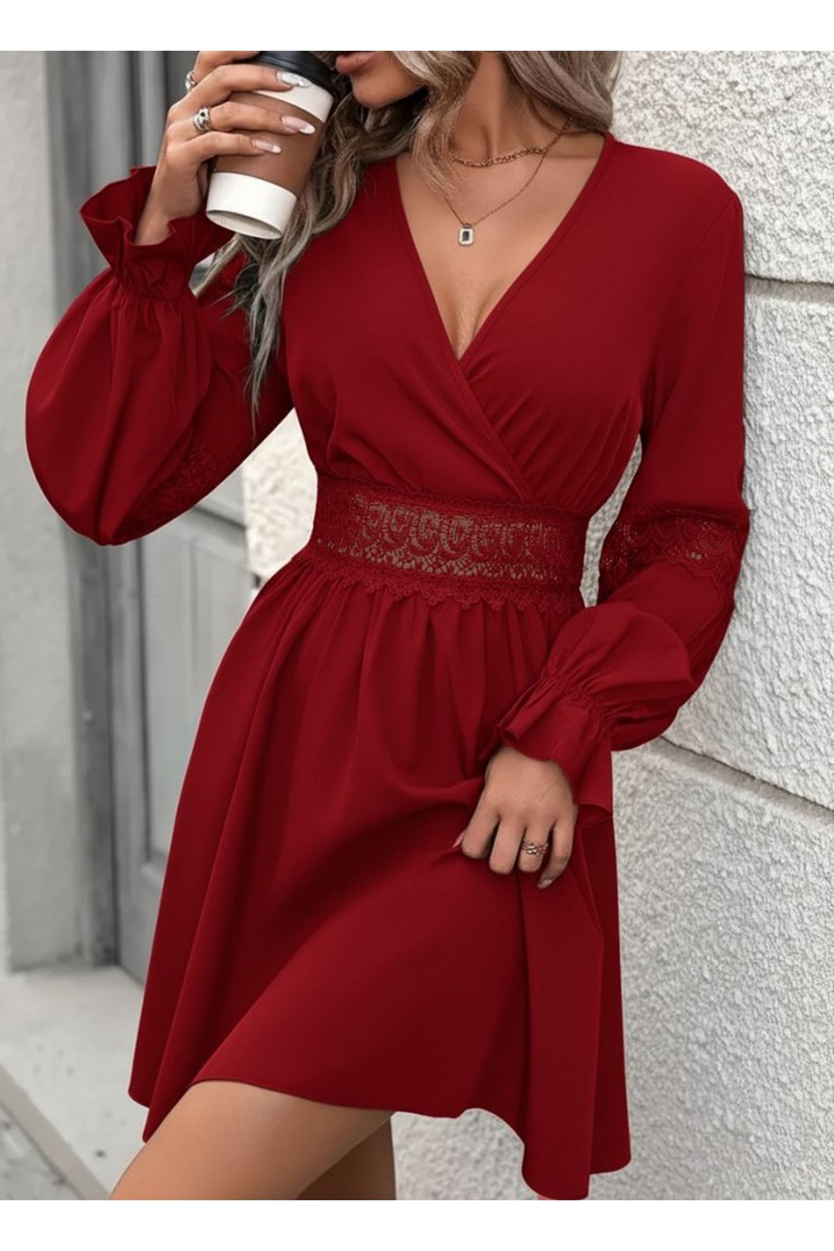 Kadın Uzun Kollu Kruvaze Yakalı Dantelli Fermuar Detaylı Mini Ithal Krep Elbise