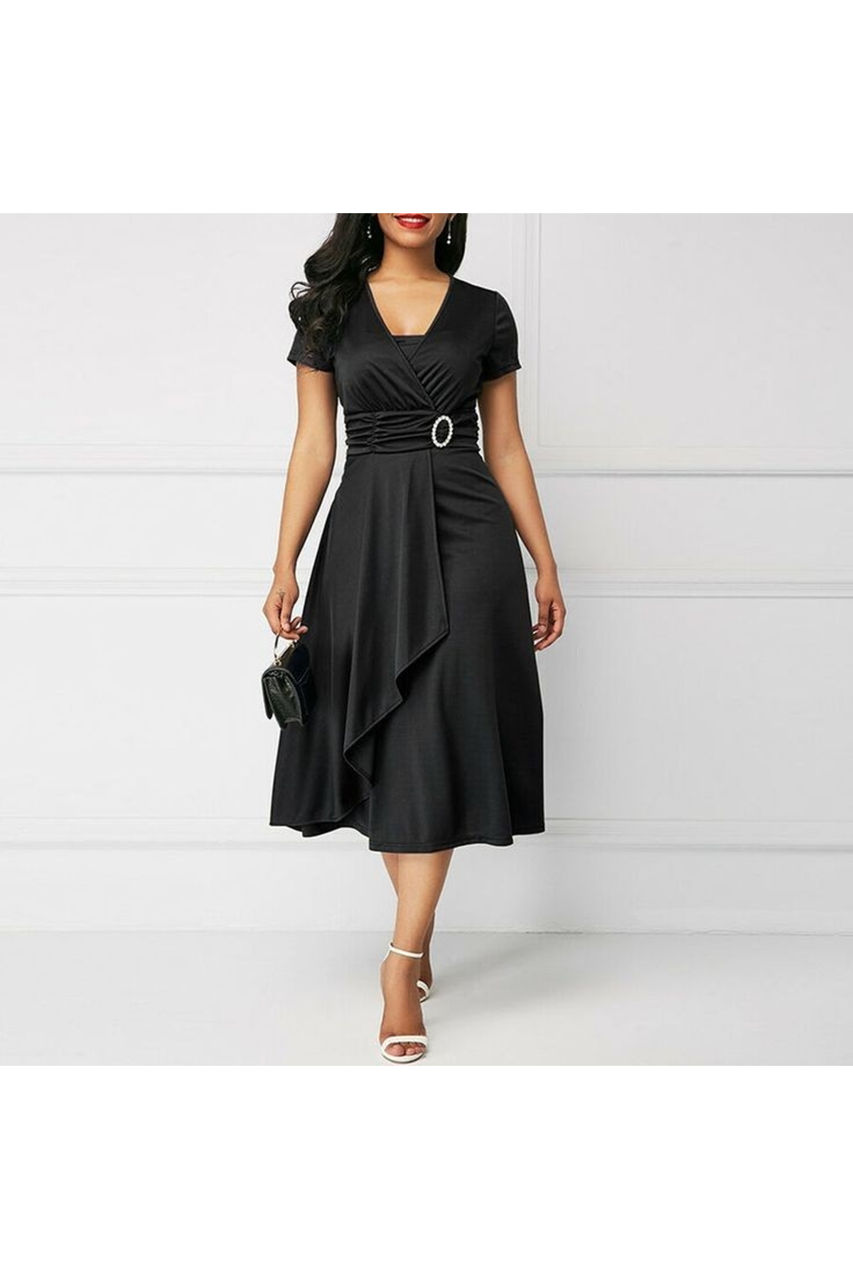 Kadın Kısa Kollu Kruvaze Yaka Kuşak Ve Toka Detay Krep Elbise