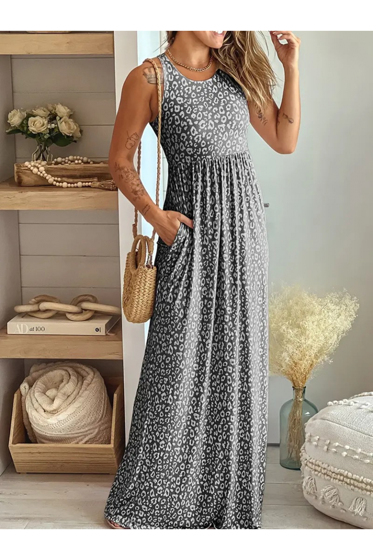 Kadın Kalın Askılı Yuvarlak Yaka Cepli Süprem Maksi Elbise