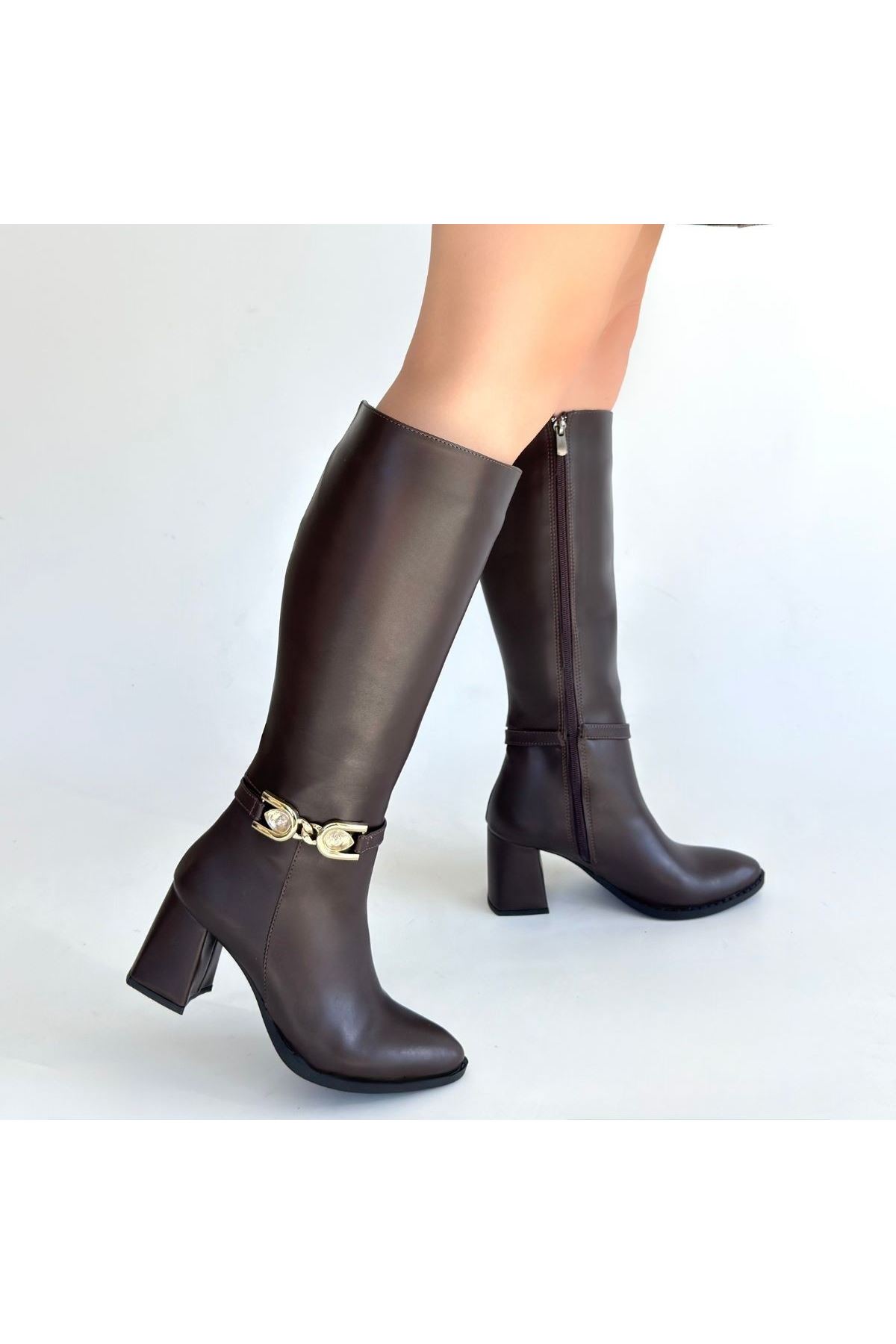 Mooni Kahverengi Cilt Topuklu Çizme