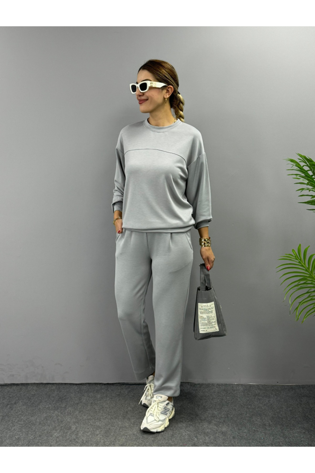 Kadın Uzun Kollu Bisiklet Yaka Viskon Iki Iplik Bluz Ve Pantolon Ikili Takım