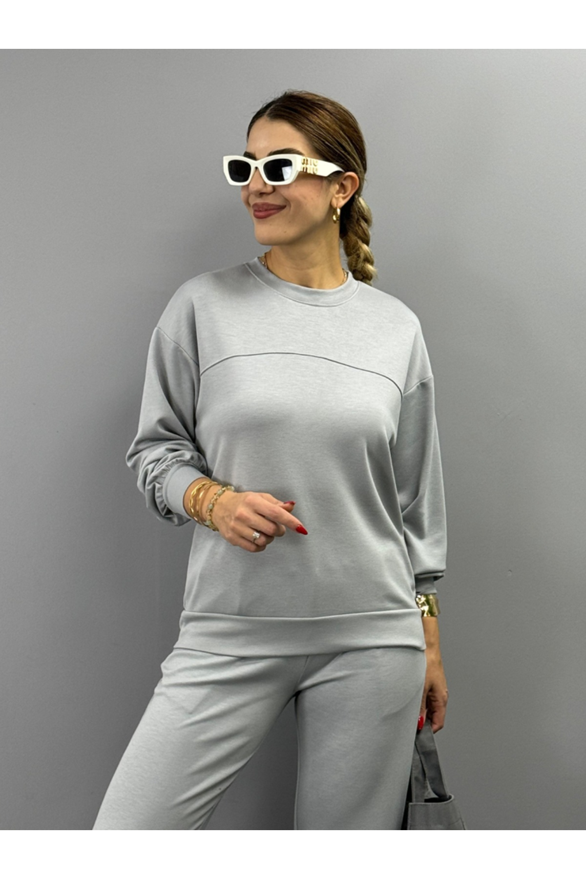 Kadın Uzun Kollu Bisiklet Yaka Viskon Iki Iplik Bluz Ve Pantolon Ikili Takım