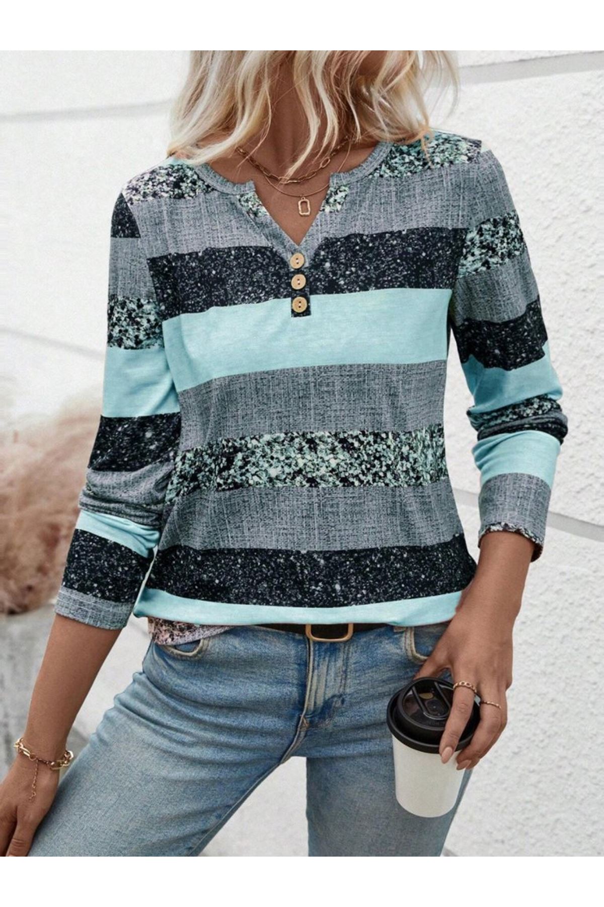 Kadın Uzun Kollu Yakadan Düğmeli çizgili Desenli Süprem Bluz