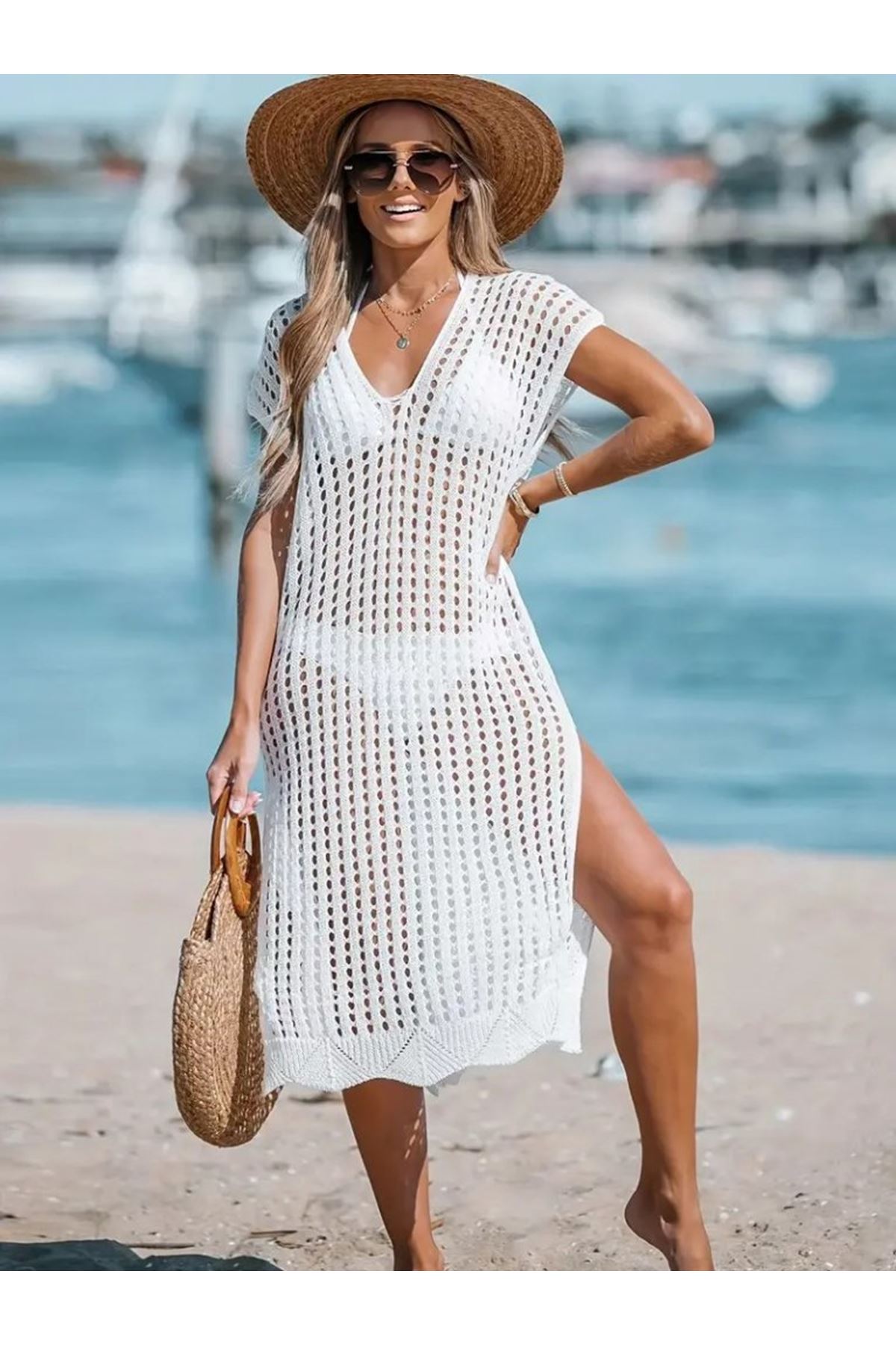 Kadın V Yaka Yanı Derin Yırtmaçlı Mi Boy Triko Elbise