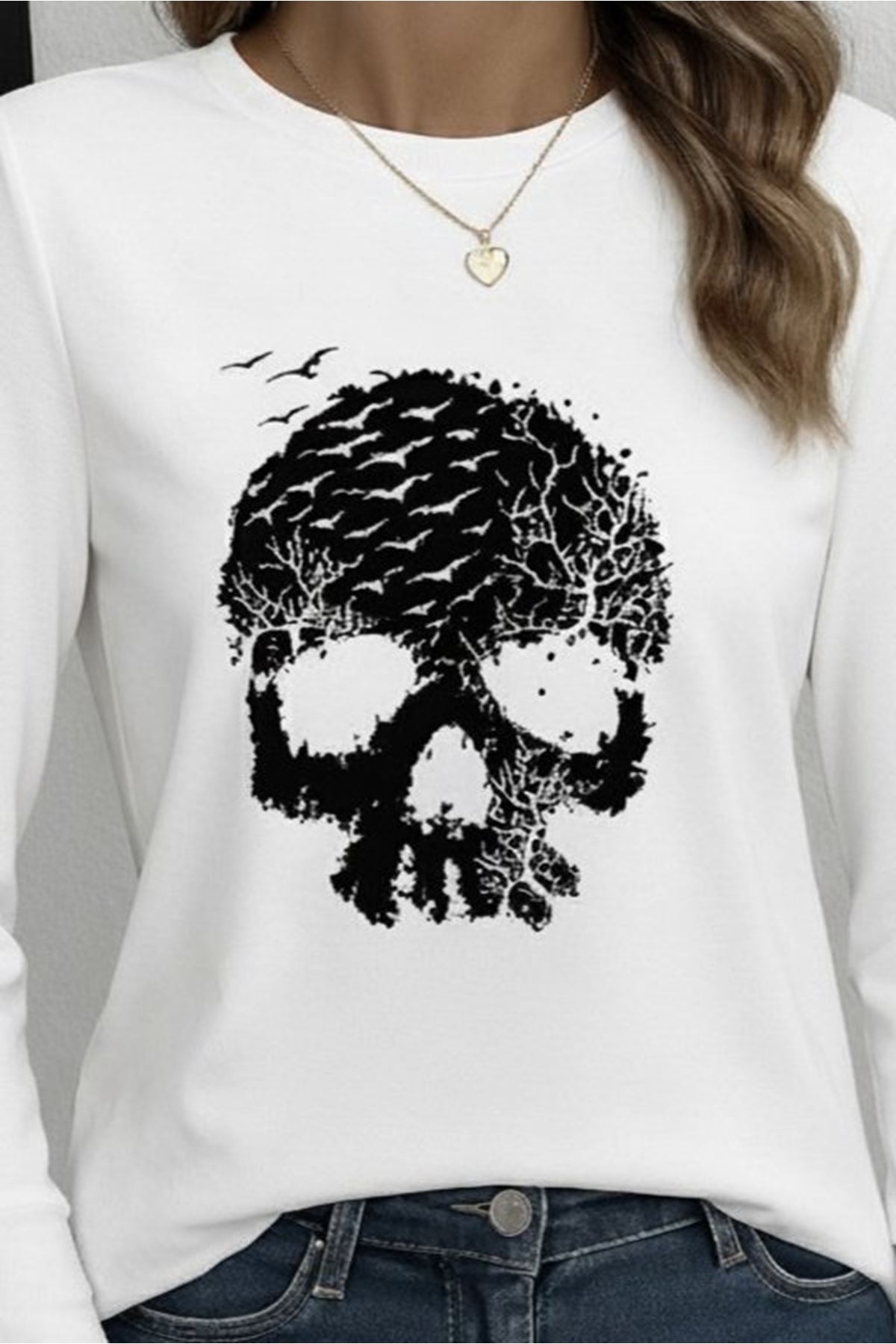 Kadın Uzun Kollu Bisiklet Yaka Kurukafa Desenli Viskon Bluz