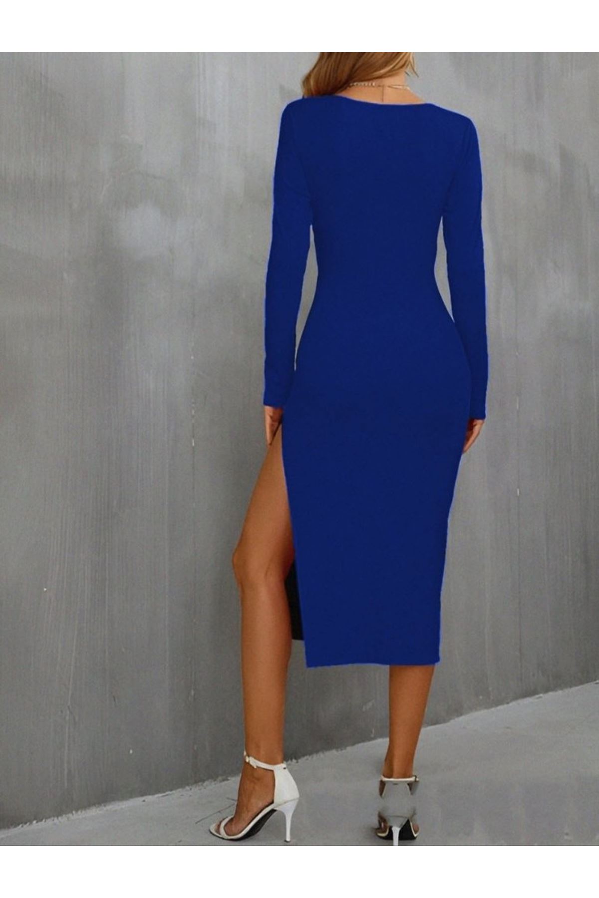 Kadın Uzun Kollu Göğüs Ve Göbek Dekolte Detay Sandy Midi Boy Elbise