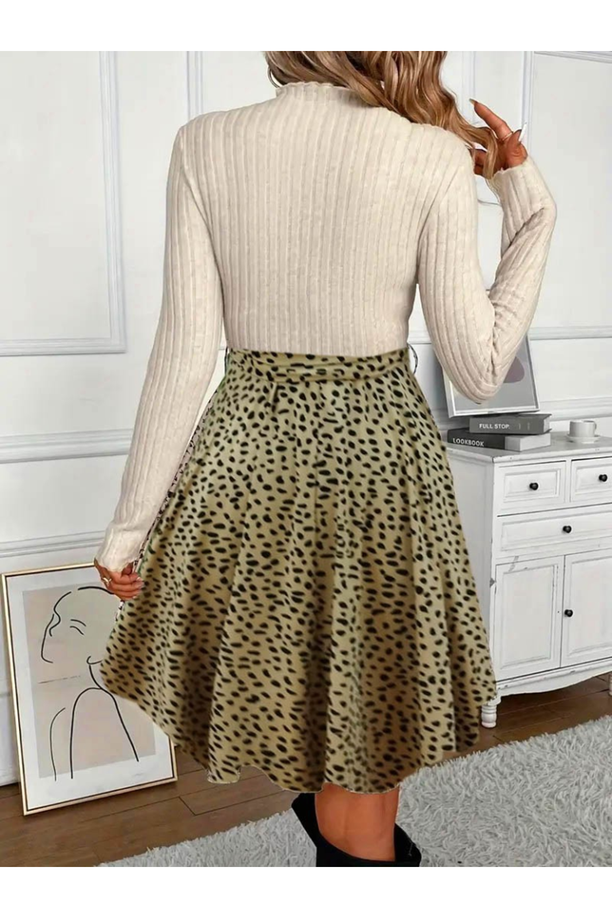 Kadın Uzun Kollu Balıkçı Yaka Belden Bağlamalı üst Kaşkorse Eteği Dalgıç Elbise