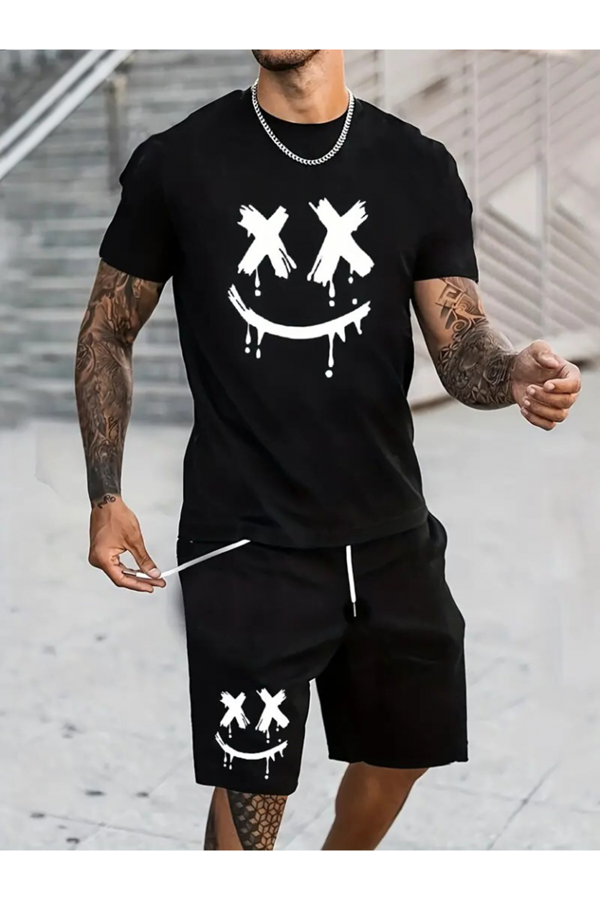 Erkek Kısa Kollu Bisiklet Yaka Baskılı Tişört Ipli Short Iki Iplik Takım