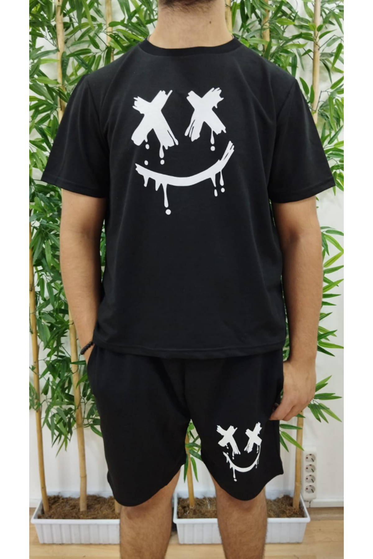 Erkek Kısa Kollu Bisiklet Yaka Baskılı Tişört Ipli Short Iki Iplik Takım