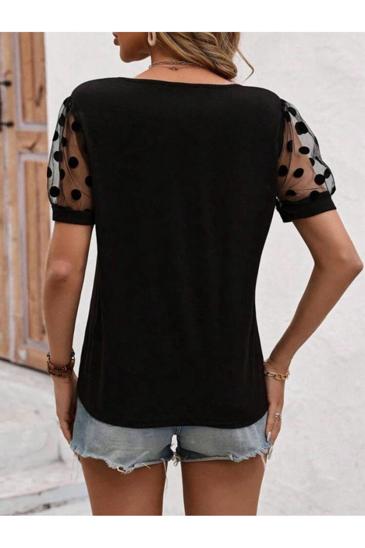 Kadın Puantiyeli Tül Kol Detay Sandy Kumaş Bluz