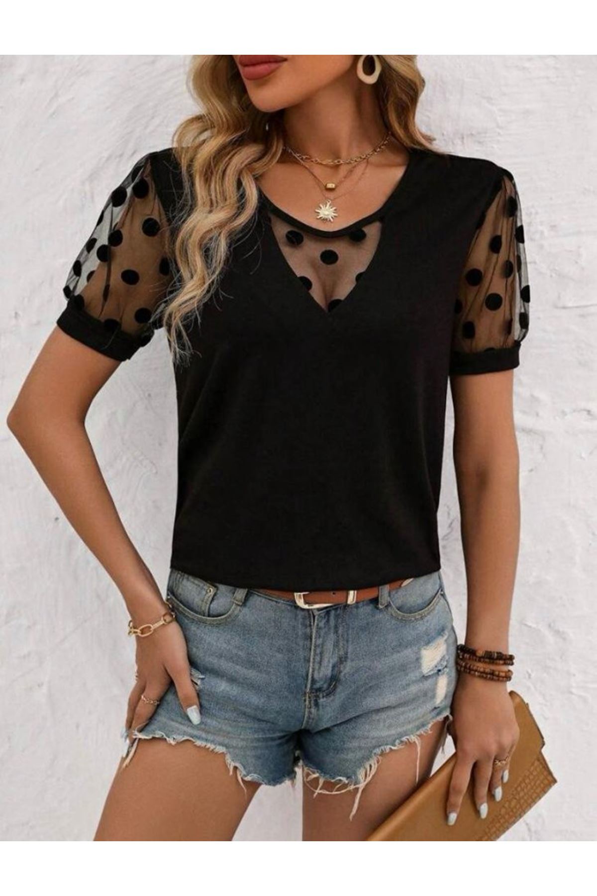 Kadın Puantiyeli Tül Kol Detay Sandy Kumaş Bluz